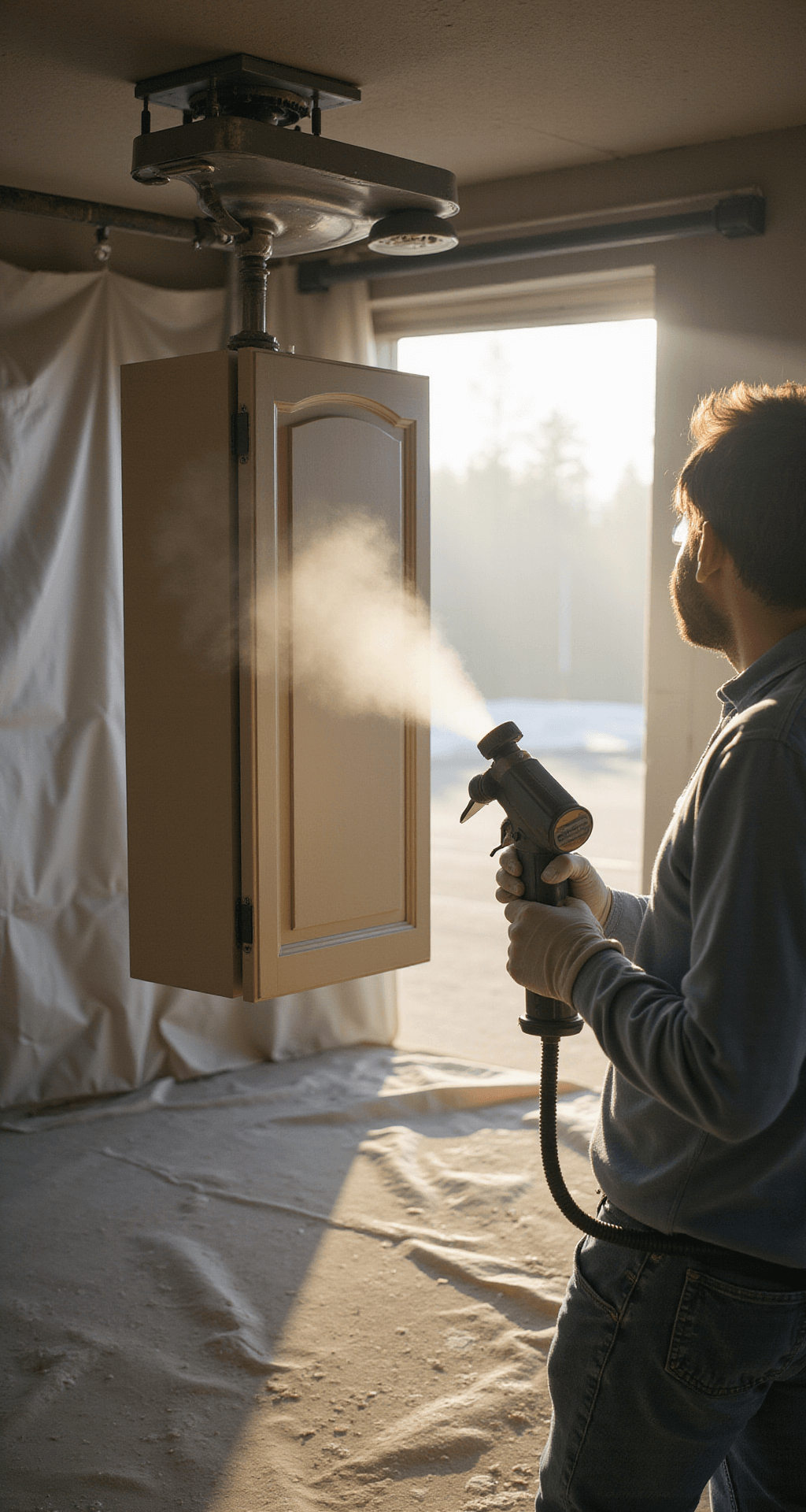 How to Paint Kitchen Cabinets Like a Pro: Transform Your Space Without Breaking the Bank A spray technician in protective gear demonstrates painting technique in a controlled garage workspace, with morning light filtering through plastic sheeting, highlighting a cabinet's uniform Behr Wheat Bread paint coverage and fine mist in sunbeams.