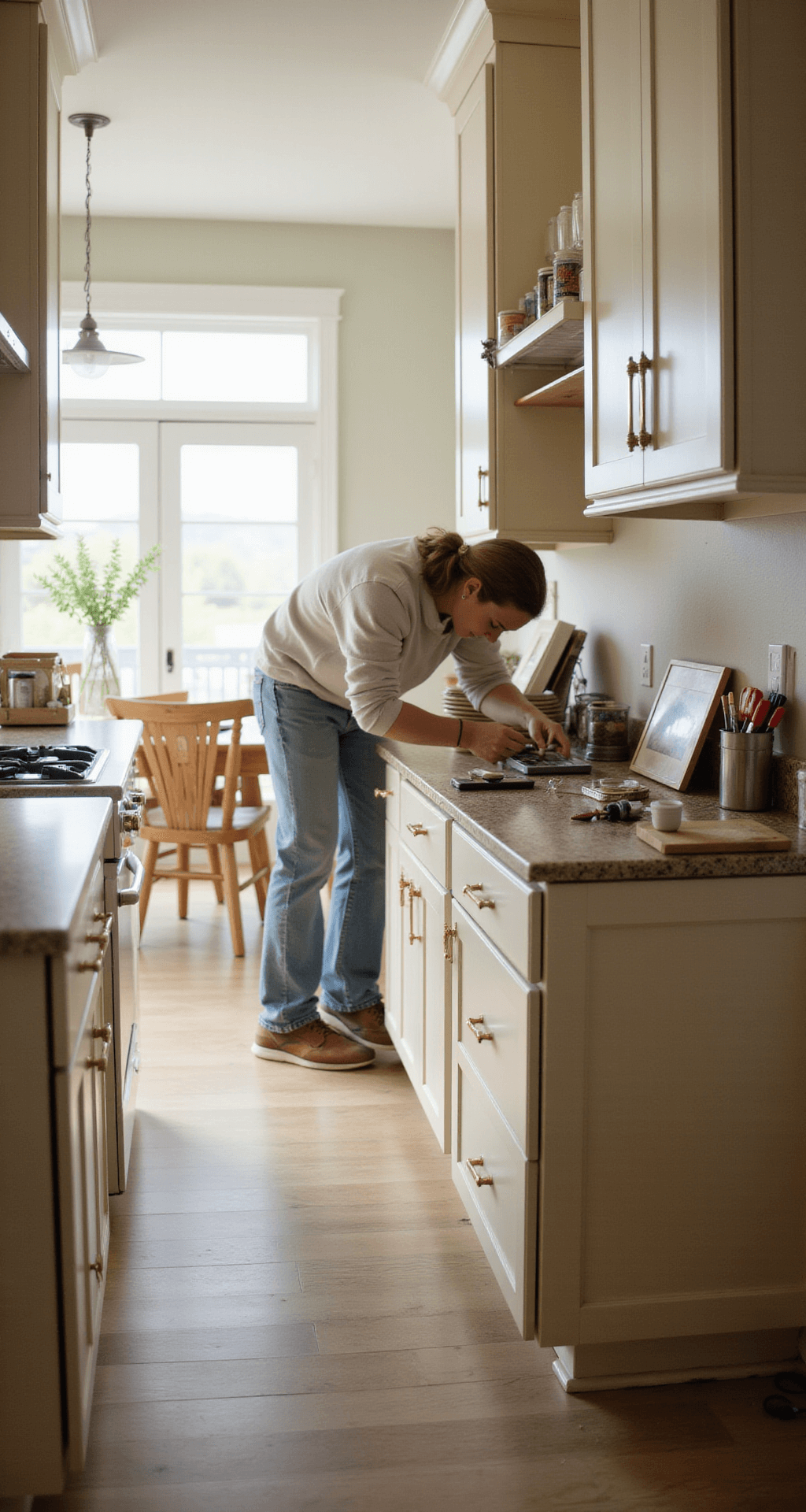 How to Paint Kitchen Cabinets Like a Pro: Transform Your Space Without Breaking the Bank Close-up of hands installing modern brass pulls on newly painted cream cabinets, with organized hardware and tools nearby, illuminated by natural light and supplemental soft box lighting, soft kitchen background blur.