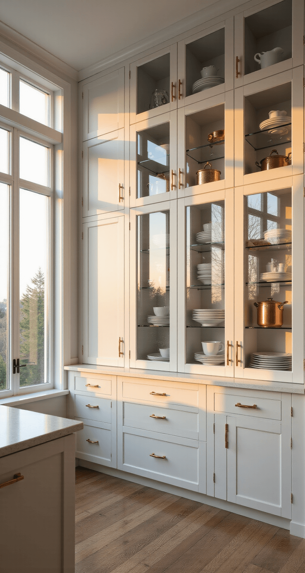 Kitchen Glass Cabinets: Transform Your Space with Elegant Display Modern kitchen with floor-to-ceiling glass cabinets illuminated by golden hour light, showcasing white shaker-style frames, minimalist white quartz countertops, and a curated display of matte white ceramics and copper cookware, accented by brushed brass hardware and oak flooring, captured from a corner angle for a sophisticated and elegant mood.