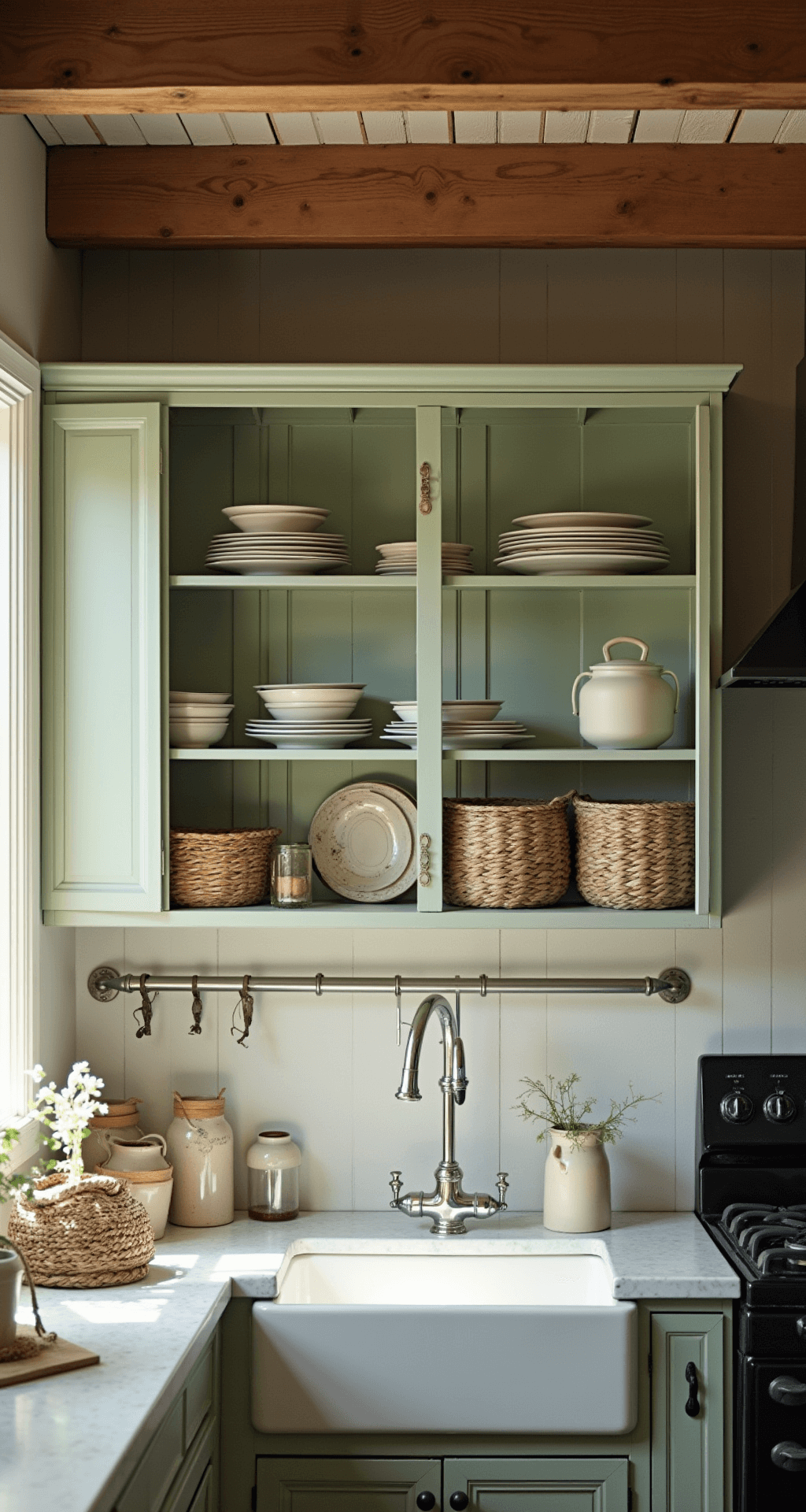 Kitchen Glass Cabinets: Transform Your Space with Elegant Display Intimate farmhouse kitchen featuring vintage seeded glass cabinets and distressed white open shelving, illuminated by mid-morning light streaming through a window above the sink.