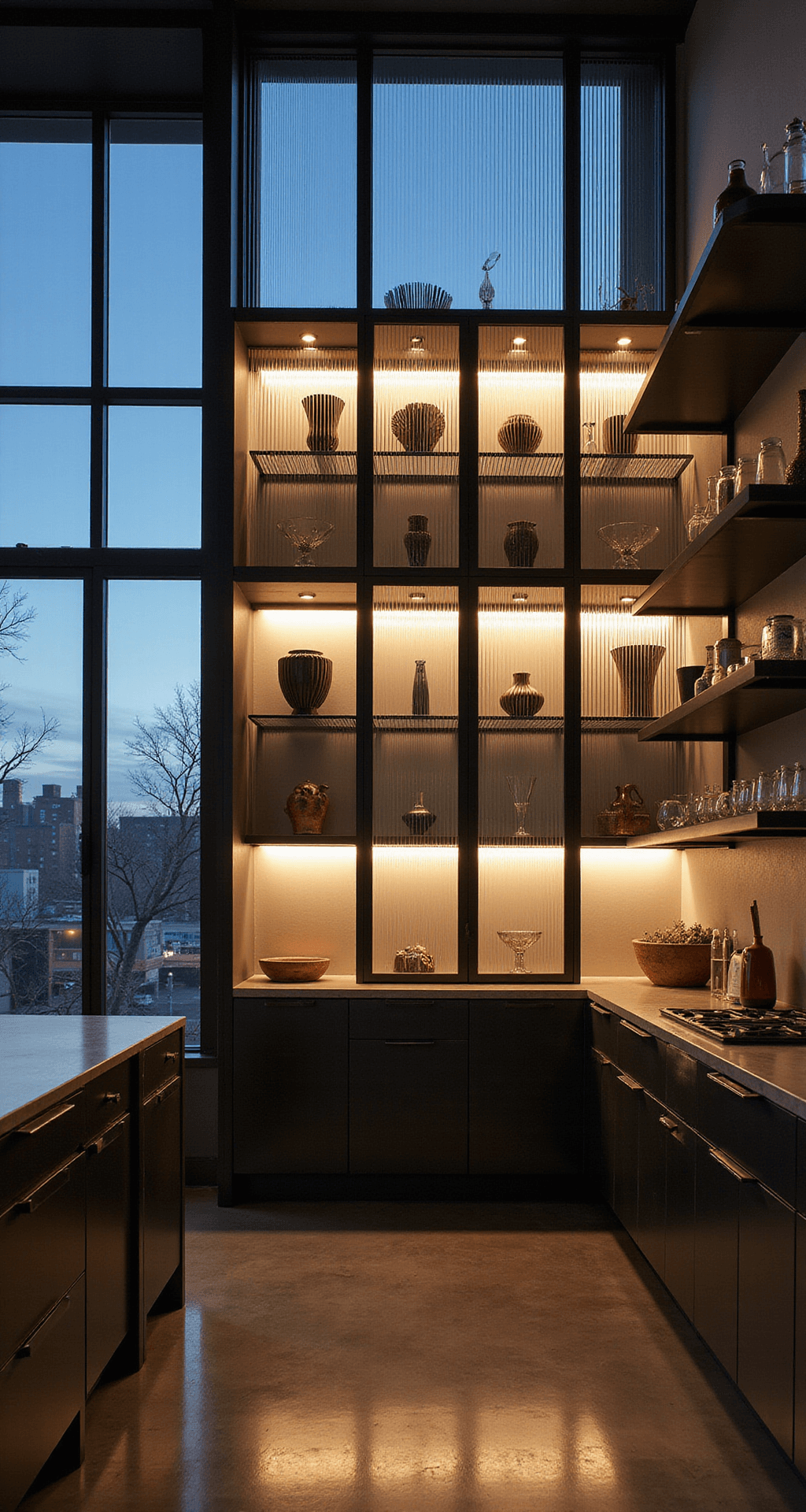 Kitchen Glass Cabinets: Transform Your Space with Elegant Display Contemporary loft kitchen featuring reeded glass cabinet wall and industrial windows, showcasing illuminated sculptural vessels and modern barware against polished concrete floors, with low-angle view emphasizing height and urban sophistication.