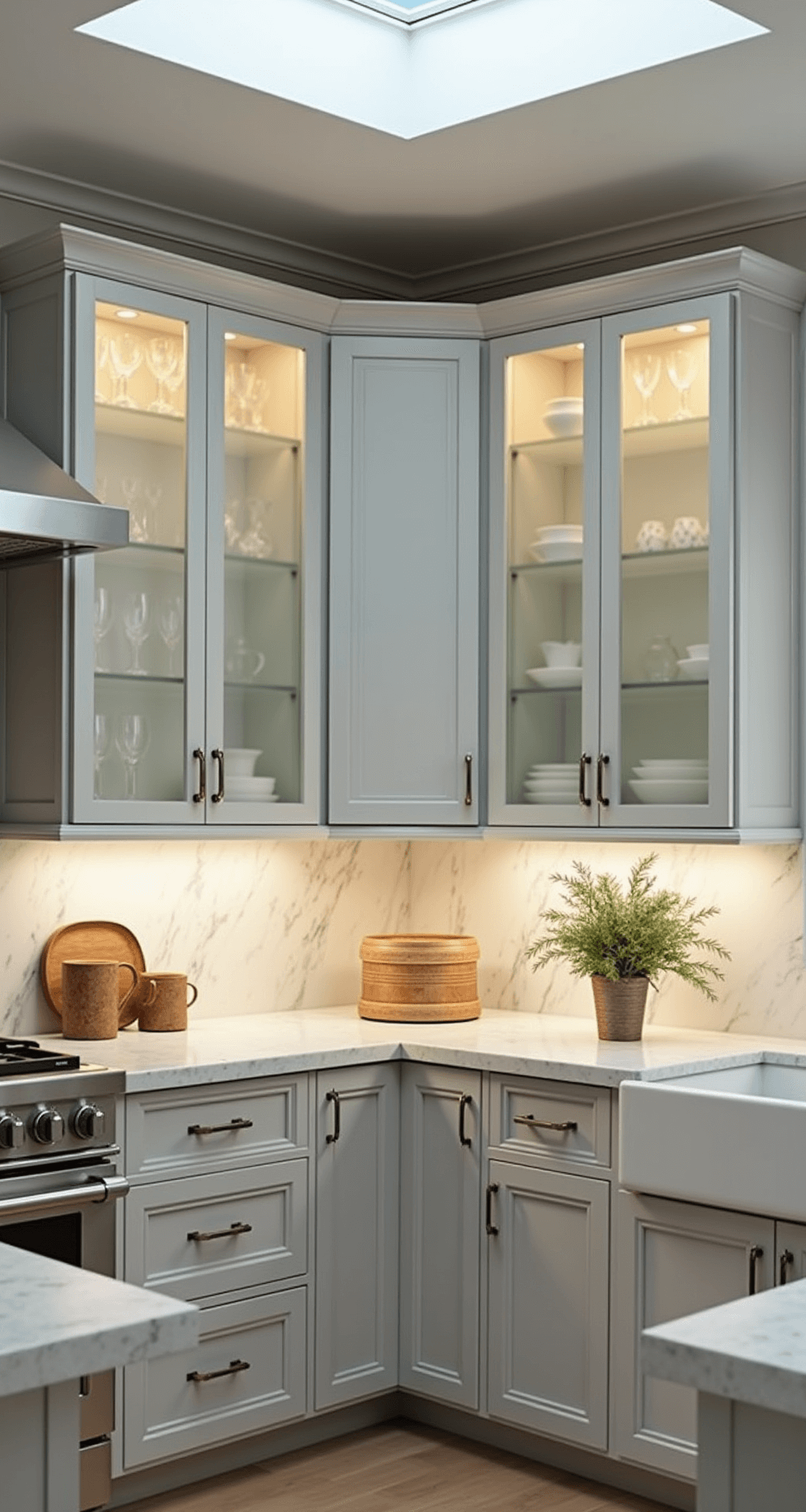 Kitchen Glass Cabinets: Transform Your Space with Elegant Display Transitional kitchen with frosted glass corner cabinets, dove gray frames, and marble backsplash, illuminated by morning light through a skylight, showcasing organized stemware and porcelain.
