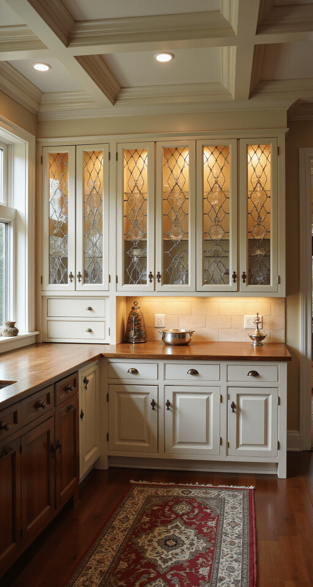 Kitchen Glass Cabinets: Transform Your Space with Elegant Display Alt text: A traditional kitchen featuring leaded glass cabinet doors with vintage china and crystal displays, under an 11-foot coffered ceiling. The space is illuminated by dramatic side lighting and picture lights, showcasing walnut countertops and antique bronze hardware, with a Persian runner on hardwood floors, all conveying a mood of timeless elegance.