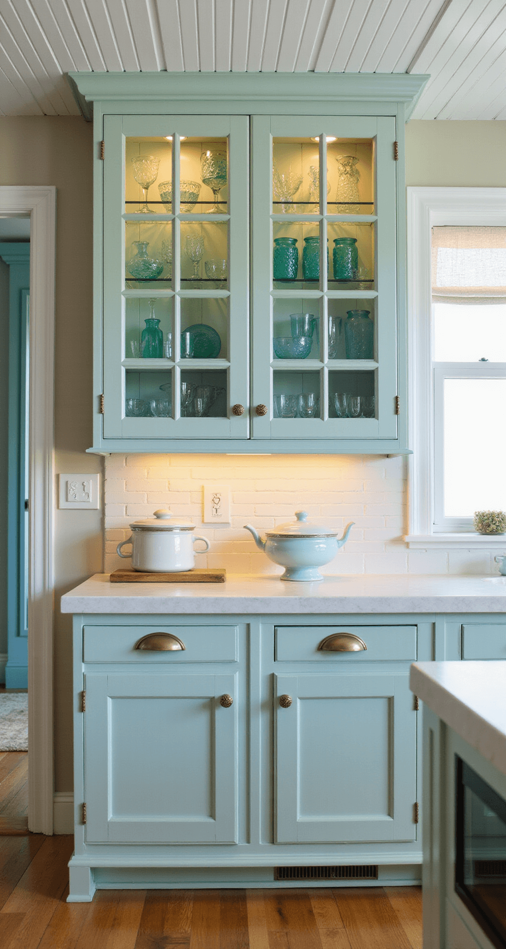 Kitchen Glass Cabinets: Transform Your Space with Elegant Display Coastal kitchen with seascape-inspired glass cabinets and warm sunset lighting, featuring aqua-painted frames and wave-textured glass. The room includes blue-green glassware, white ceramics, bleached oak floors, and rope detail hardware, captured from the entrance with natural light enhancing the serene beach house atmosphere.
