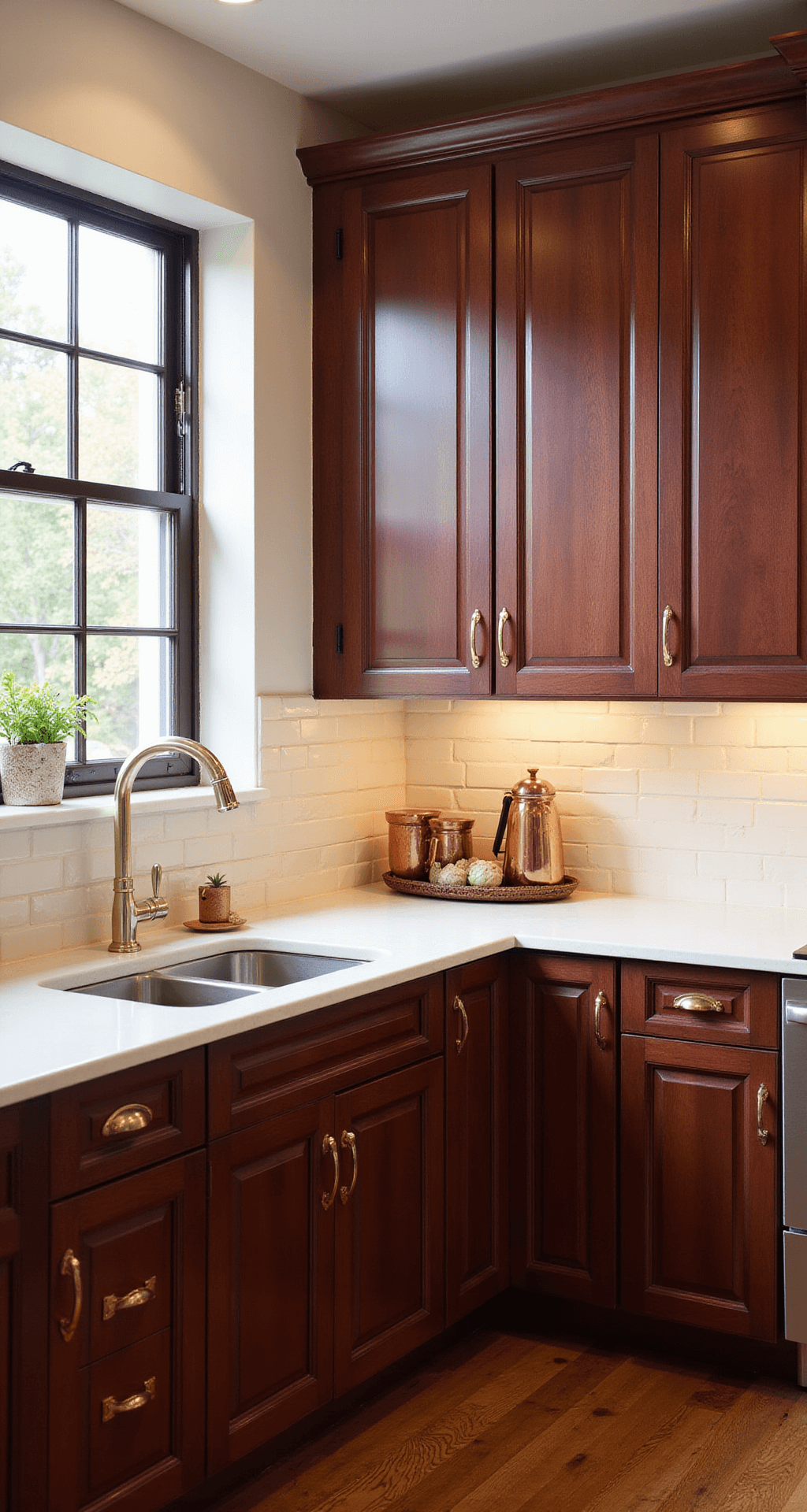 Cherry Wood Kitchen Cabinets: The Ultimate Guide to Timeless Elegance and Modern Design A spacious kitchen featuring cherry wood cabinets, white quartz countertops, and a handcrafted subway tile backsplash, illuminated by warm morning light streaming through large east-facing windows, with a coffee station vignette in copper against the rich cabinetry.