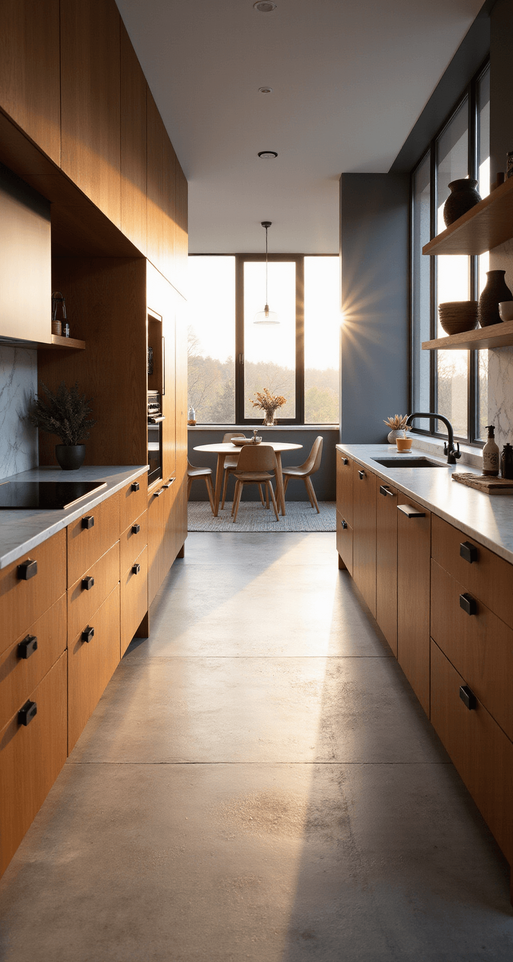 Cherry Wood Kitchen Cabinets: The Ultimate Guide to Timeless Elegance and Modern Design Modern minimalist kitchen with cherry cabinets, concrete-look floors, and black fixtures, featuring a galley layout illuminated by golden hour light through floor-to-ceiling windows.