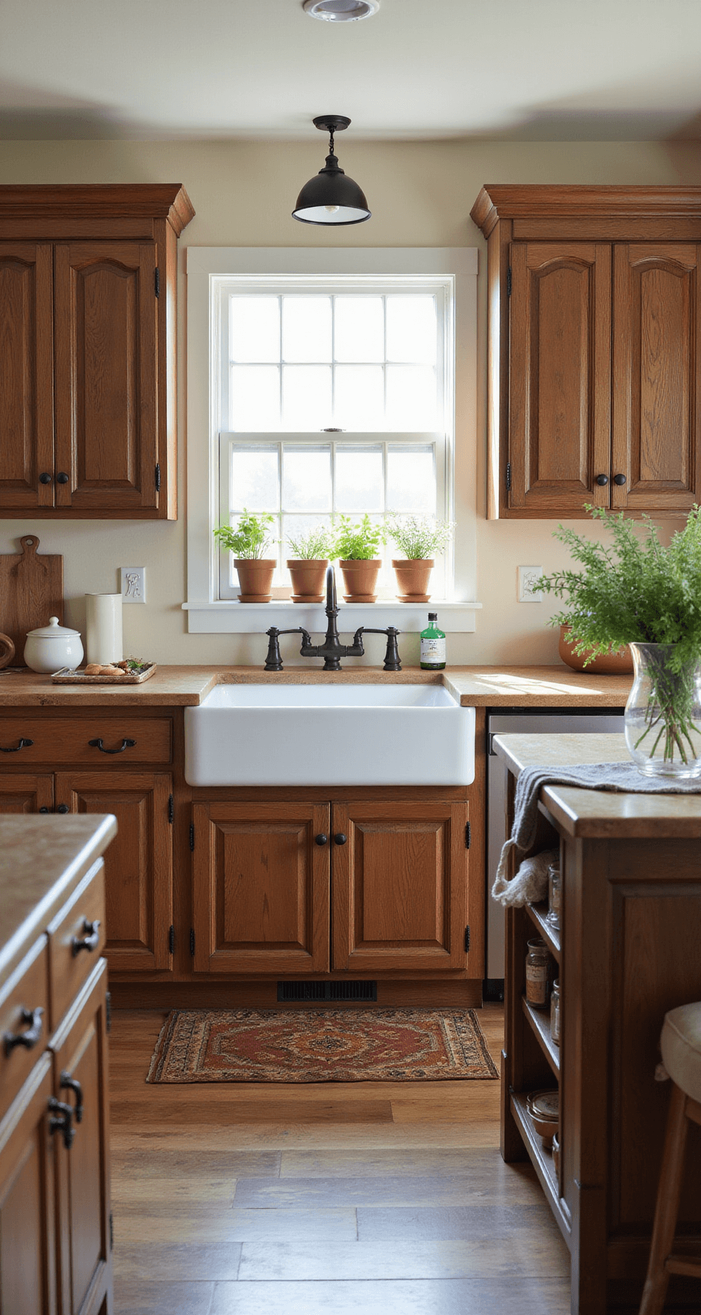 Cherry Wood Kitchen Cabinets: The Ultimate Guide to Timeless Elegance and Modern Design A rustic farmhouse kitchen featuring distressed cherry wood cabinets with shaker-style doors and oil-rubbed bronze pulls, a white farmhouse sink under a window with herb pots, and an island with mixed storage, complemented by soft lighting and warm butcher block counters.