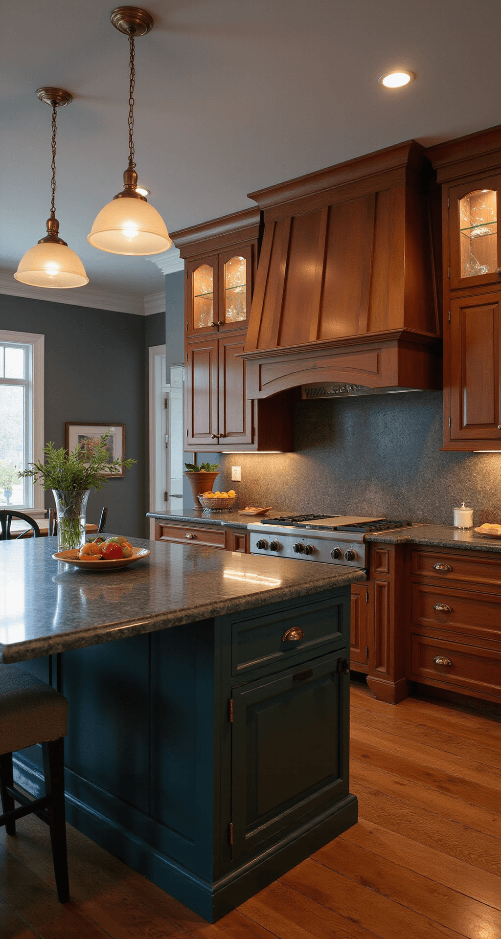 Cherry Wood Kitchen Cabinets: The Ultimate Guide to Timeless Elegance and Modern Design Transitional kitchen at dusk featuring cherry cabinets and a deep forest green island, with dramatic pendant lights illuminating quartzite countertops and glass-front upper cabinets showcasing dishware, all captured from the dining area to emphasize sight lines and flow, accented by warm brass fixtures against cool gray walls.