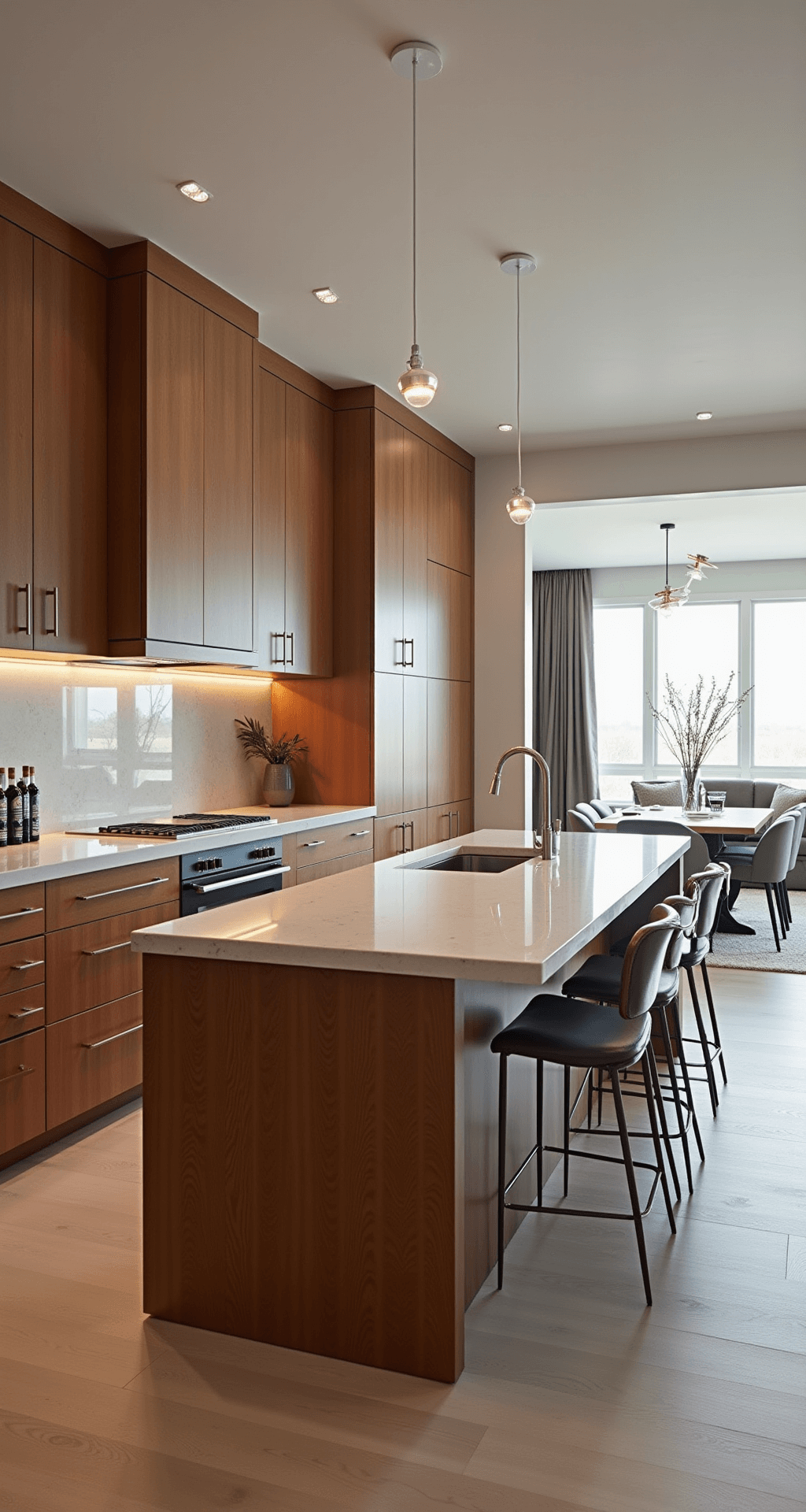 Cherry Wood Kitchen Cabinets: The Ultimate Guide to Timeless Elegance and Modern Design Contemporary open-concept kitchen featuring floor-to-ceiling cherry cabinets, a waterfall quartz island with dining integration, and ambient LED lighting, highlighting a neutral palette and geometric brushed nickel hardware.