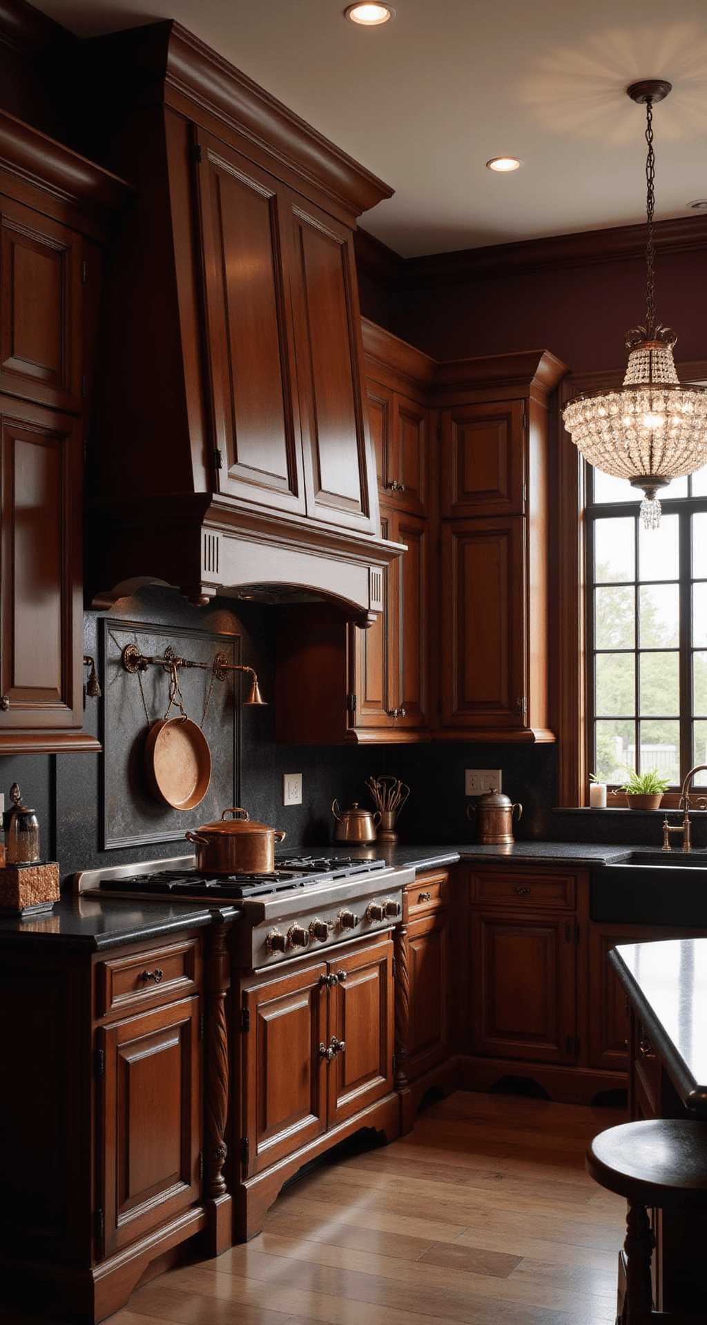 Cherry Wood Kitchen Cabinets: The Ultimate Guide to Timeless Elegance and Modern Design Moody kitchen scene with cherry cabinets, brass hardware, and a crystal chandelier, featuring black soapstone counters and burgundy walls, highlighting symmetrical range wall with accent lighting and copper cookware.