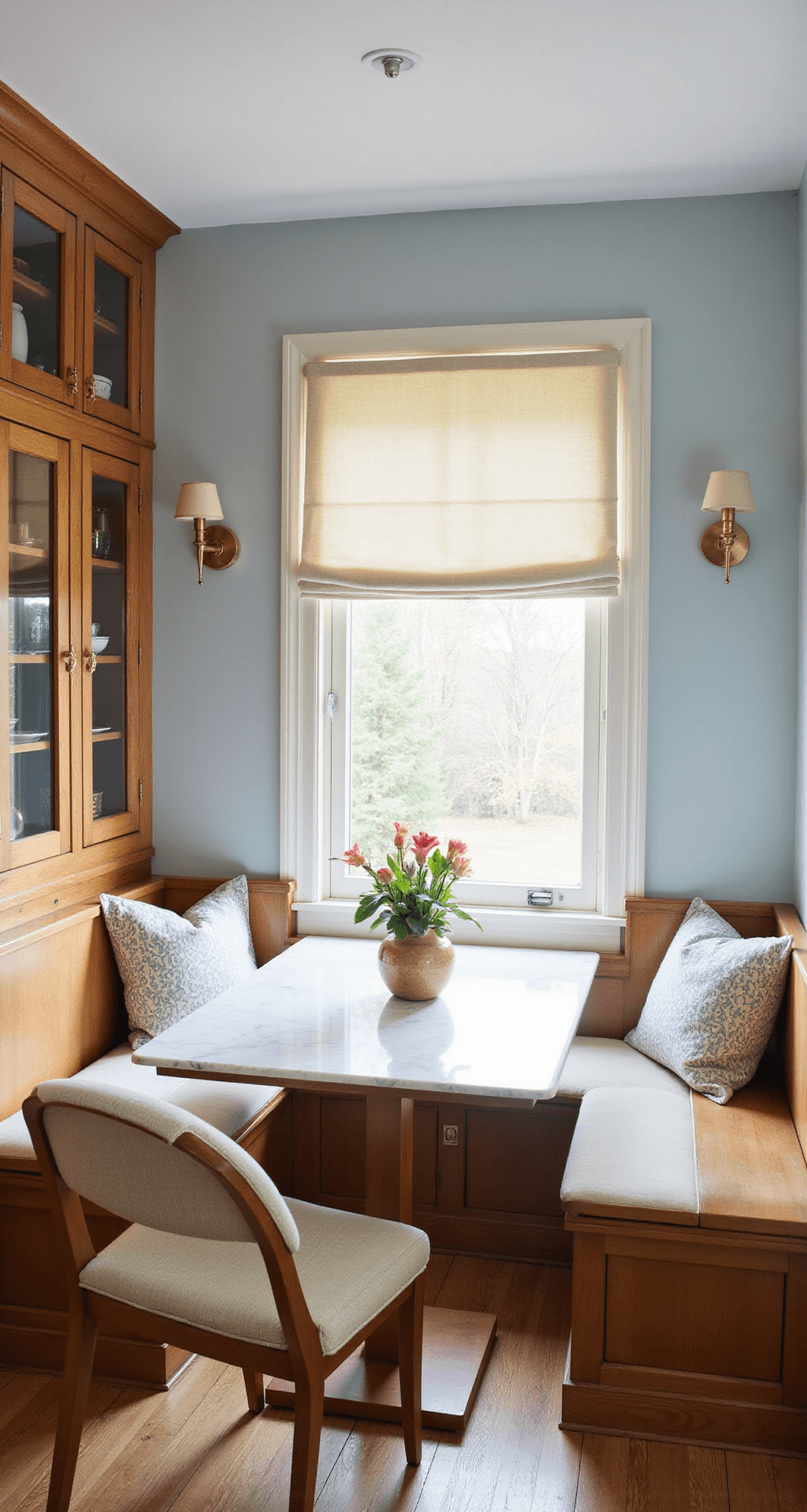 Cherry Wood Kitchen Cabinets: The Ultimate Guide to Timeless Elegance and Modern Design Sun-drenched breakfast nook with cherry wood built-ins, glass-front cabinets, and a window seat, featuring a white marble table, linen Roman shade, pale blue walls, cream upholstery, fresh flowers, and vintage sconces.