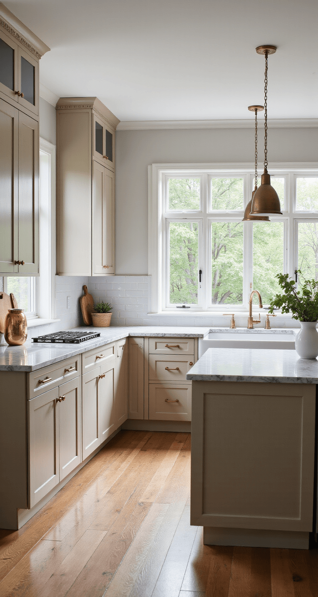 Beige Kitchen Cabinets: Your Ultimate Design & Inspiration Guide A spacious transitional kitchen featuring beige shaker cabinets, Calacatta marble countertops, and a center island with pendant lights, all illuminated by morning light streaming through large windows.