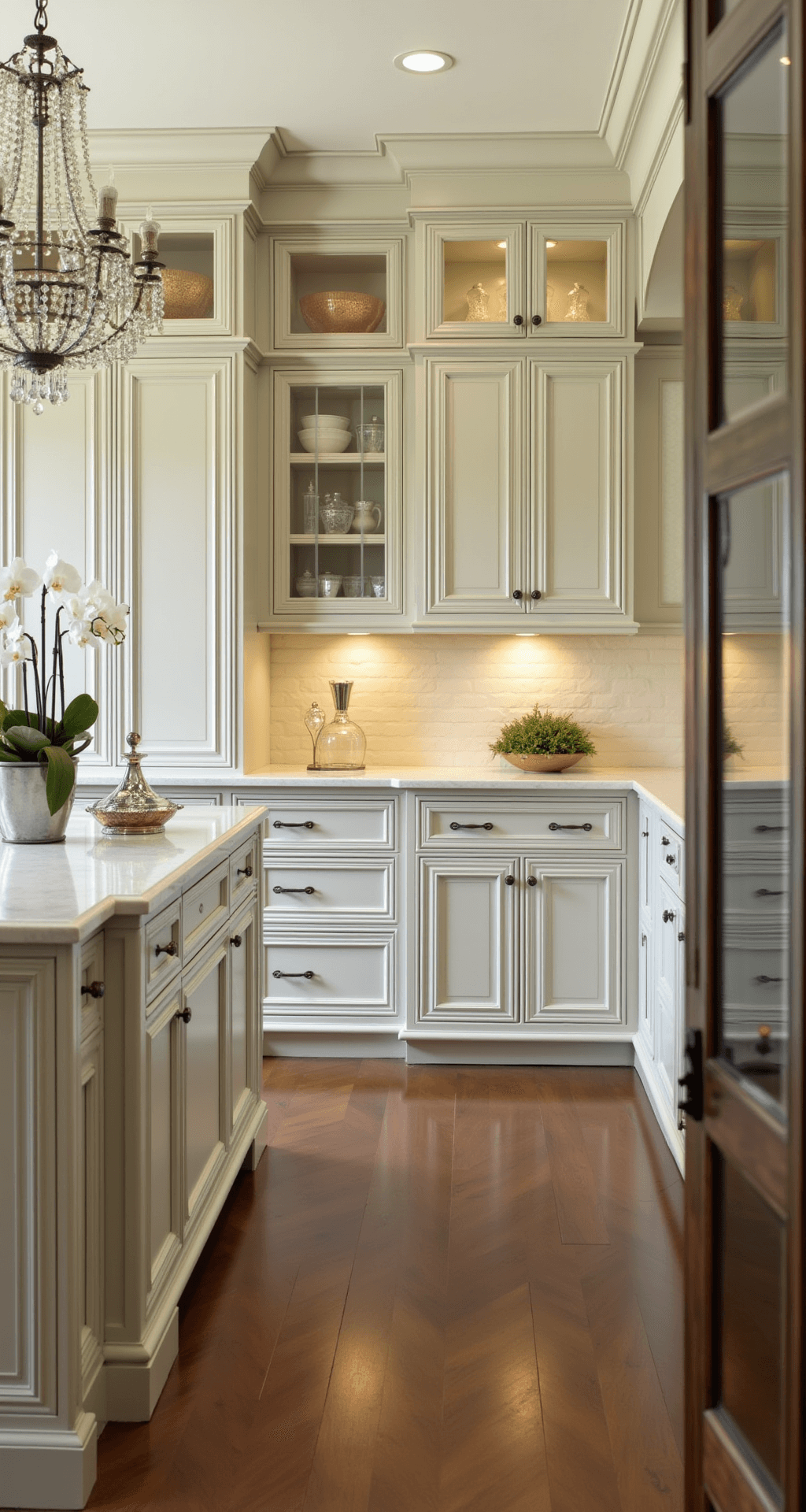 Beige Kitchen Cabinets: Your Ultimate Design & Inspiration Guide A traditional elegant kitchen with beige inset cabinets, Calacatta Gold marble countertops, and herringbone wood floors, illuminated by afternoon light and featuring a polished nickel chandelier over the island, styled with a silver tea service, crystal decanters, and white orchids.