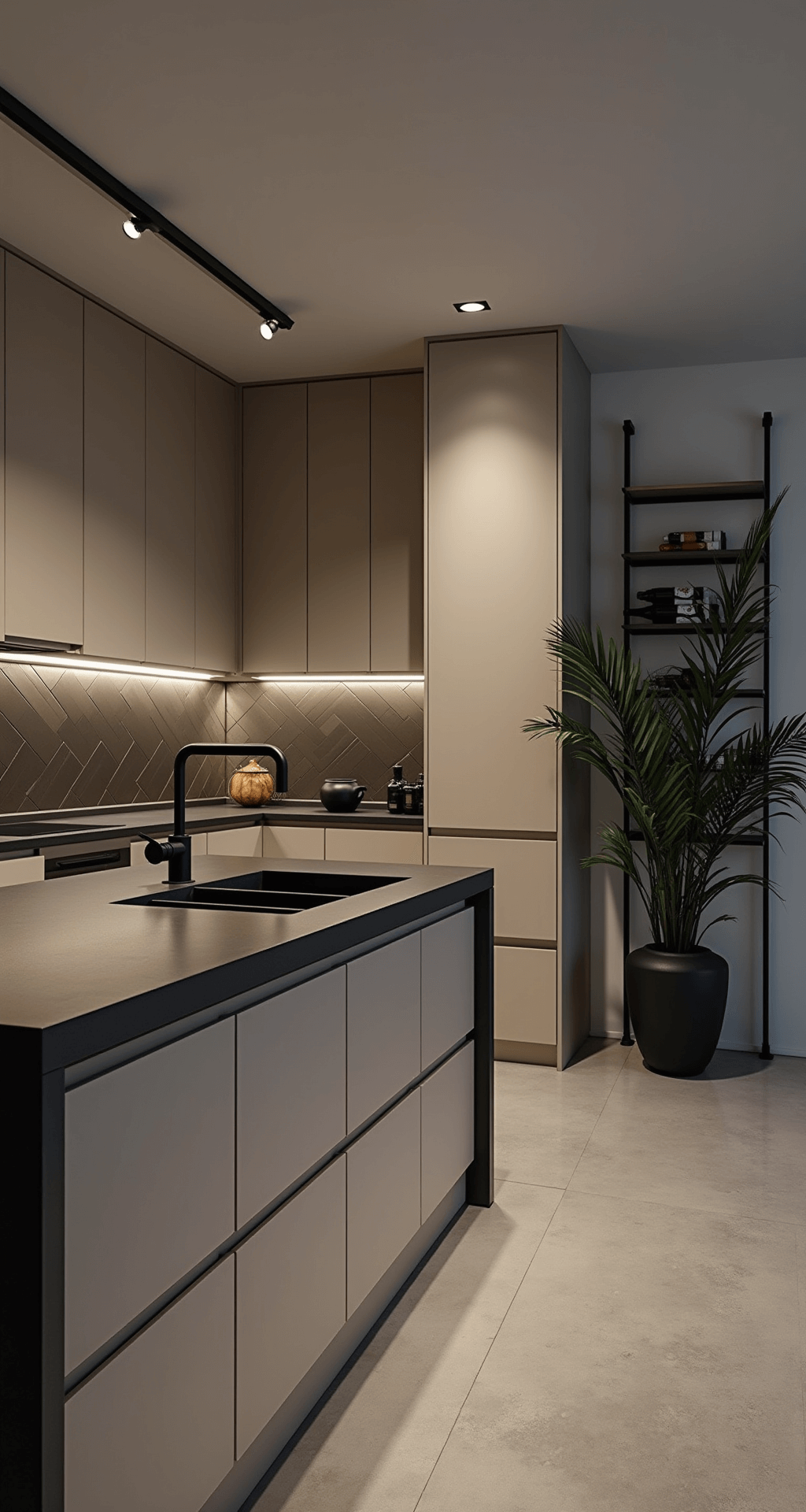 Beige Kitchen Cabinets: Your Ultimate Design & Inspiration Guide Contemporary kitchen at dusk featuring beige slab-front cabinets, a dark gray quartz waterfall island, and a metallic glass tile backsplash. The space has porcelain tile floors and ambient LED lighting, styled with black ceramics and a minimalist wine rack, emphasizing horizontal lines and a moody atmosphere.