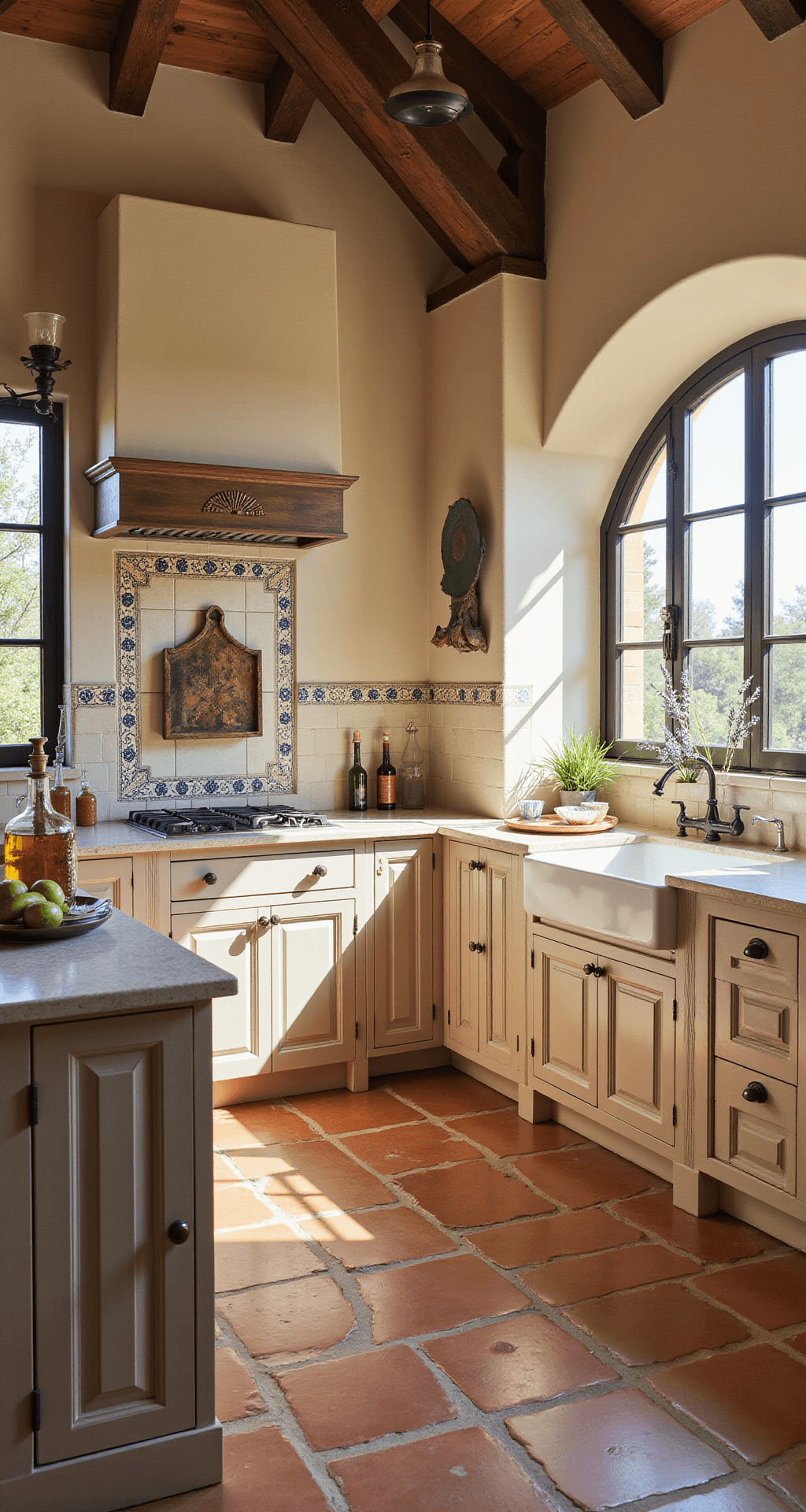 Beige Kitchen Cabinets: Your Ultimate Design & Inspiration Guide A Mediterranean-inspired kitchen featuring beige cabinets with carved details, aged copper hardware, terracotta tile floors, a cream and blue ceramic tile backsplash, and wood beam ceiling. Natural light filters through an arched window above the sink, complemented by iron pendant lighting. Decorative elements include olive oil vessels, ceramic platters, and potted lavender, all captured from a corner perspective to showcase the architectural details.