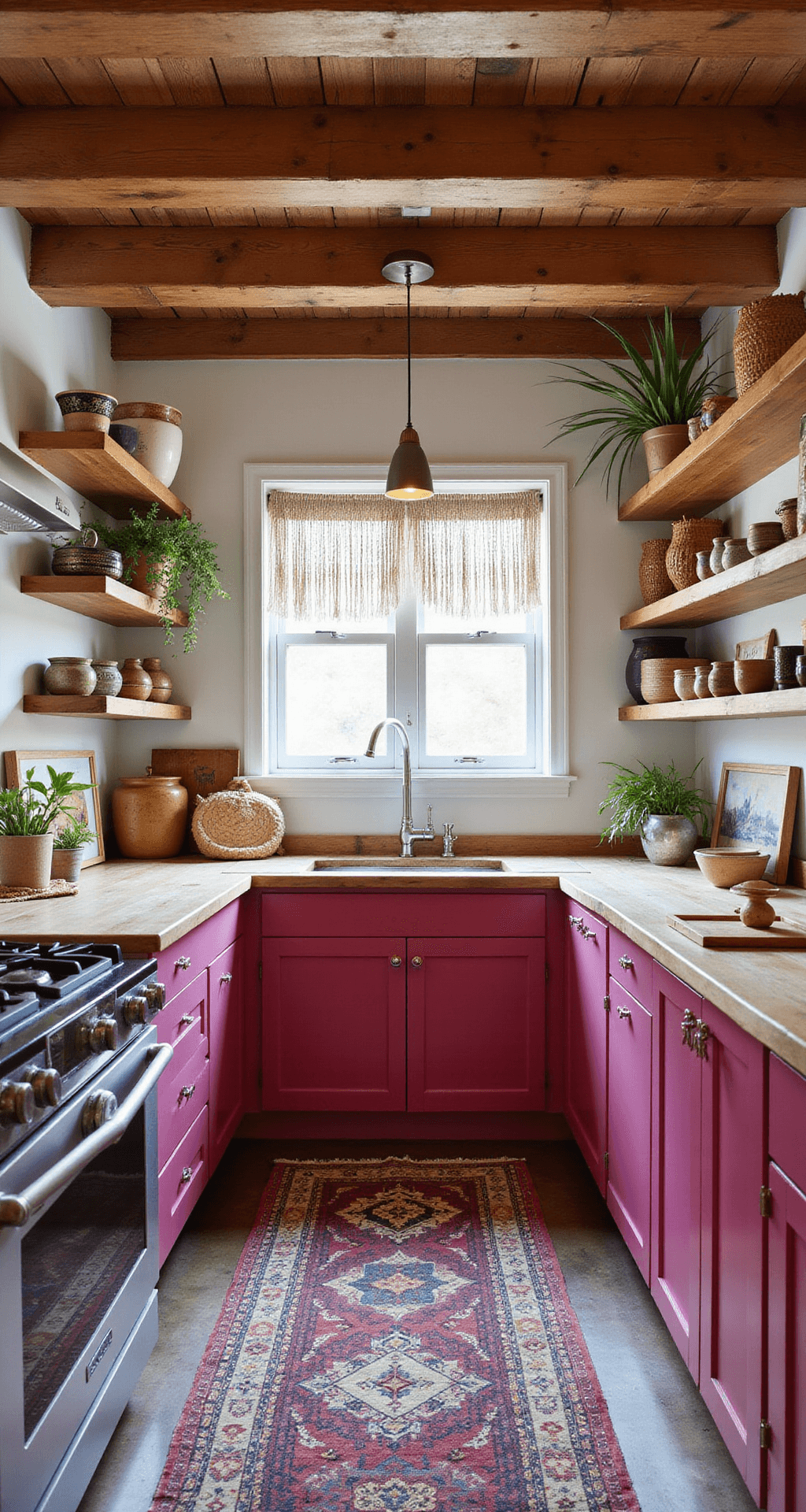 Pink Kitchen Cabinets: Transforming Your Culinary Space with Color and Personality A cozy 12x15ft Bohemian kitchen featuring bold magenta lower cabinets, open upper shelving with pottery, exposed wooden beams, butcher block countertops, and a vintage Persian runner, illuminated by morning light filtering through macramé window treatments.