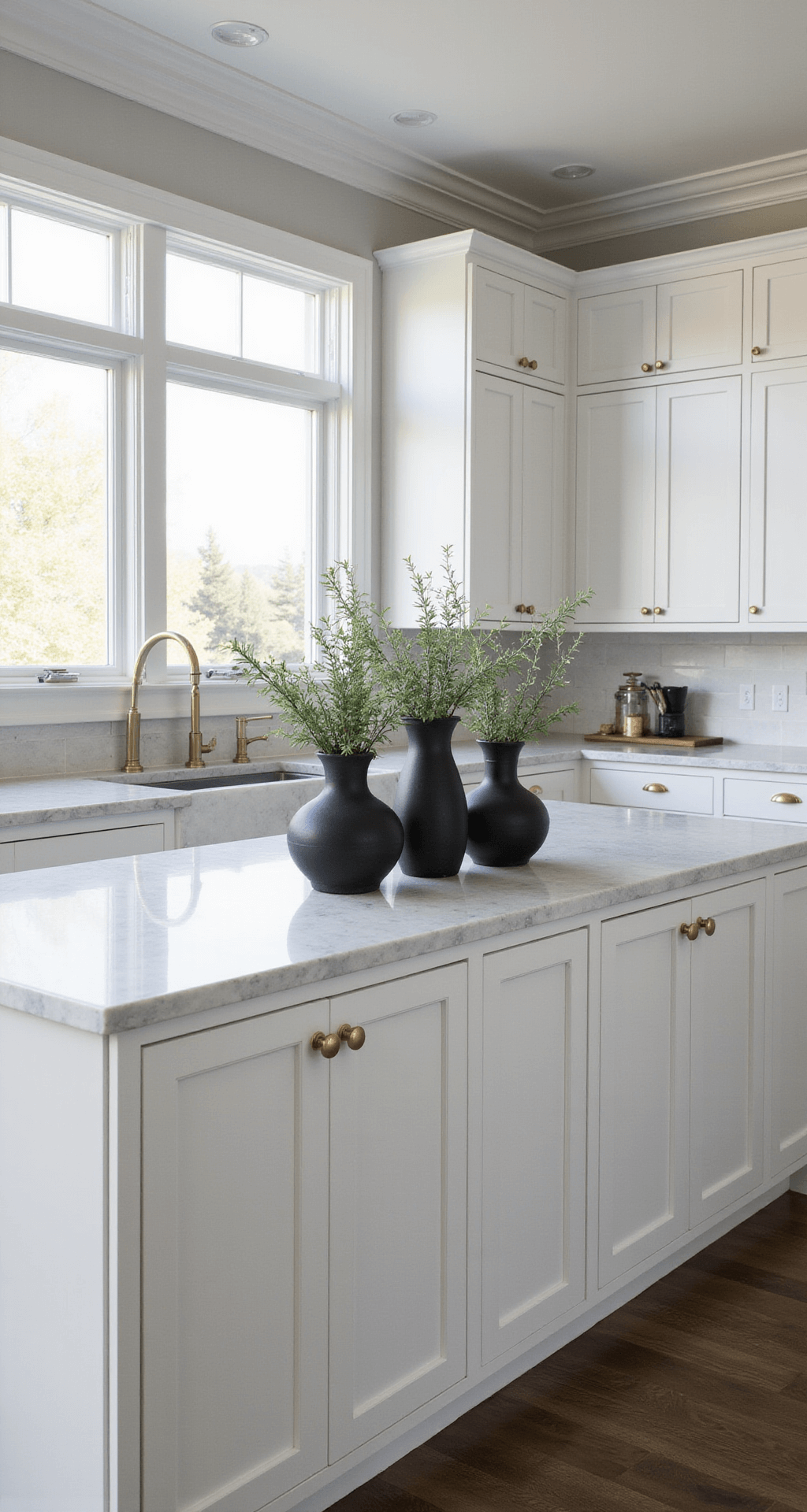 White Kitchen Cabinet Styling: The Ultimate Visual Content Creation Guide A modern minimalist kitchen featuring white shaker cabinets, marble countertops, a waterfall island with black ceramic vessels, and floor-to-ceiling windows, all illuminated by morning light.