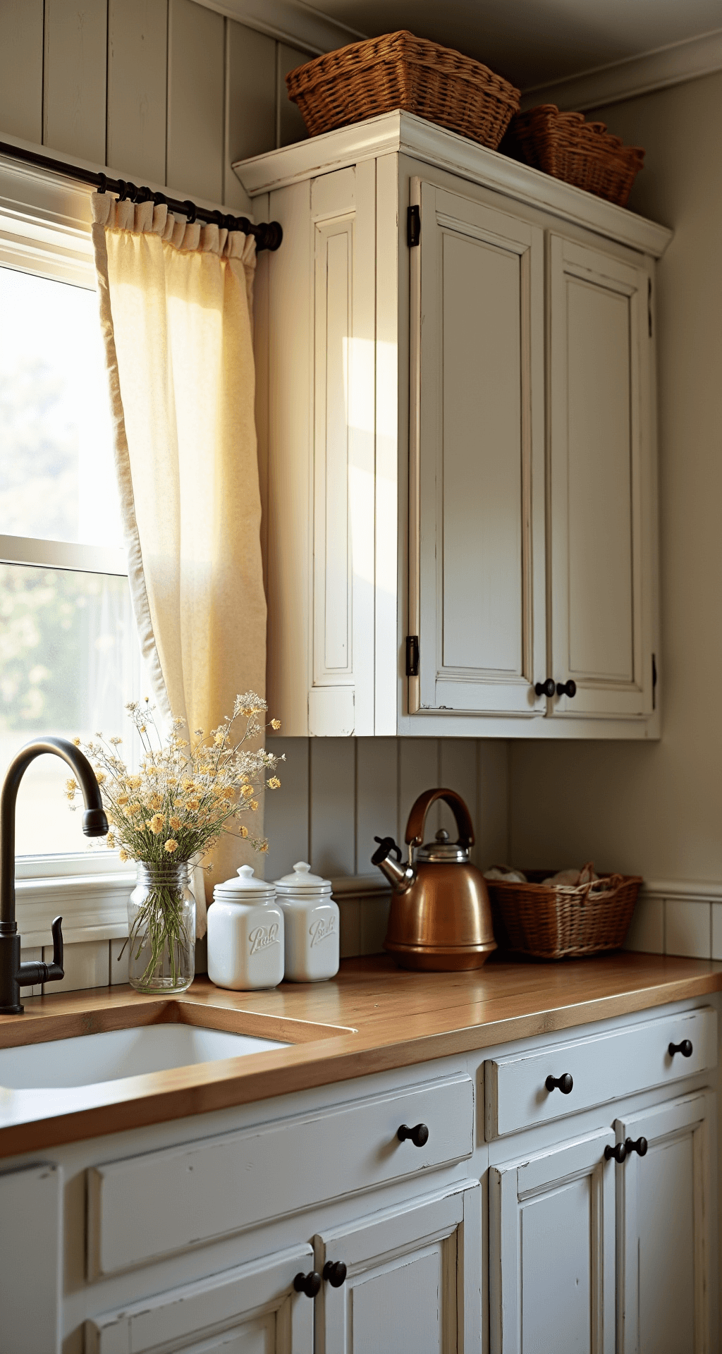 White Kitchen Cabinet Styling: The Ultimate Visual Content Creation Guide A cozy farmhouse kitchen featuring 14x18ft distressed white cabinets with beadboard details, vintage copper kettle, white ceramic canisters, butcher block counters, and wildflower-filled mason jars, illuminated by warm golden hour light.