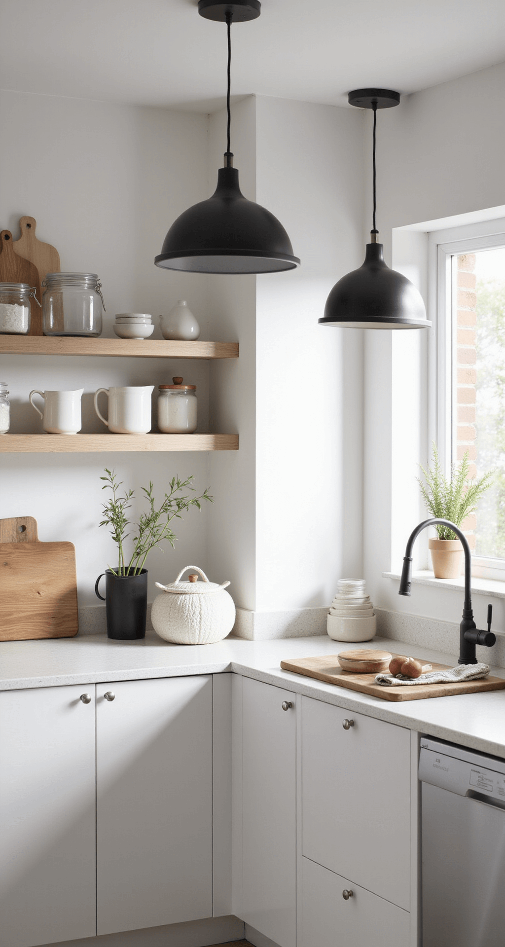 White Kitchen Cabinet Styling: The Ultimate Visual Content Creation Guide A compact Scandinavian-style kitchen with flat-front white cabinets, pale ash wood shelves displaying minimalist pottery, and black matte pendant lights, bathed in diffused afternoon light.