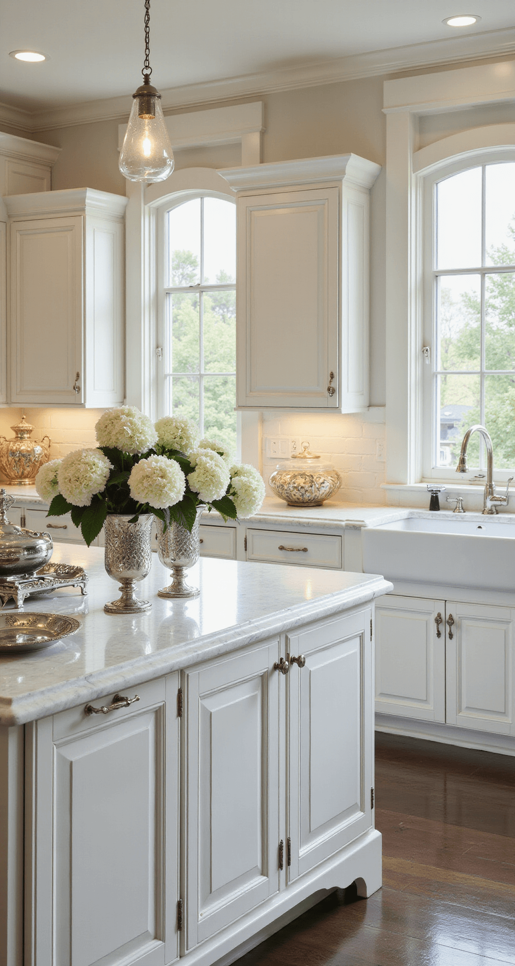 White Kitchen Cabinet Styling: The Ultimate Visual Content Creation Guide A spacious kitchen bathed in late morning light, featuring raised-panel white cabinets with crown molding, a marble-topped island adorned with silver serving pieces and white hydrangeas in crystal vases, and polished nickel hardware against crisp cabinetry, all captured from an elevated angle to highlight the classic architecture and rich textures of damask linens and baroque-inspired accessories.