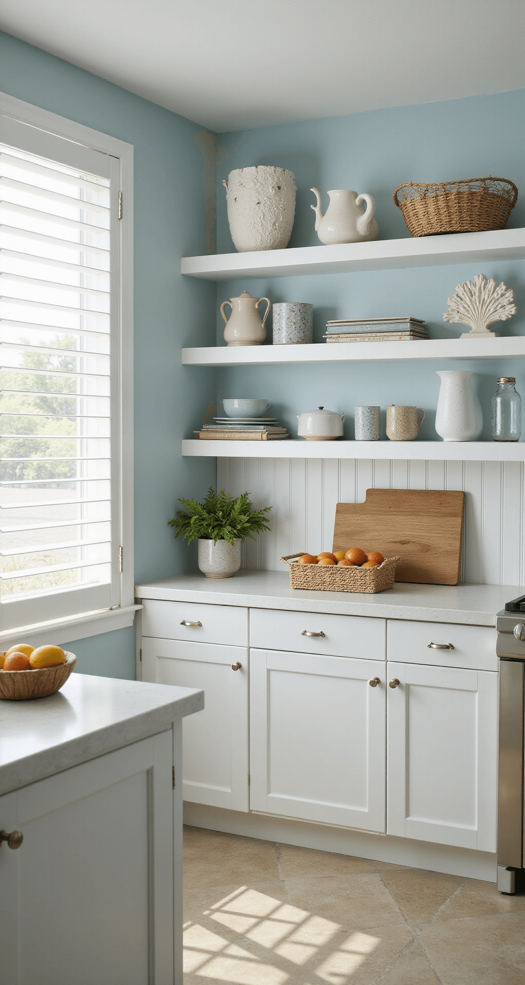 White Kitchen Cabinet Styling: The Ultimate Visual Content Creation Guide A coastal-themed kitchen with bright white beadboard cabinets, pale blue walls, and sandy beige limestone floors, featuring open shelving displaying coral and sea glass, under morning light filtered through plantation shutters.