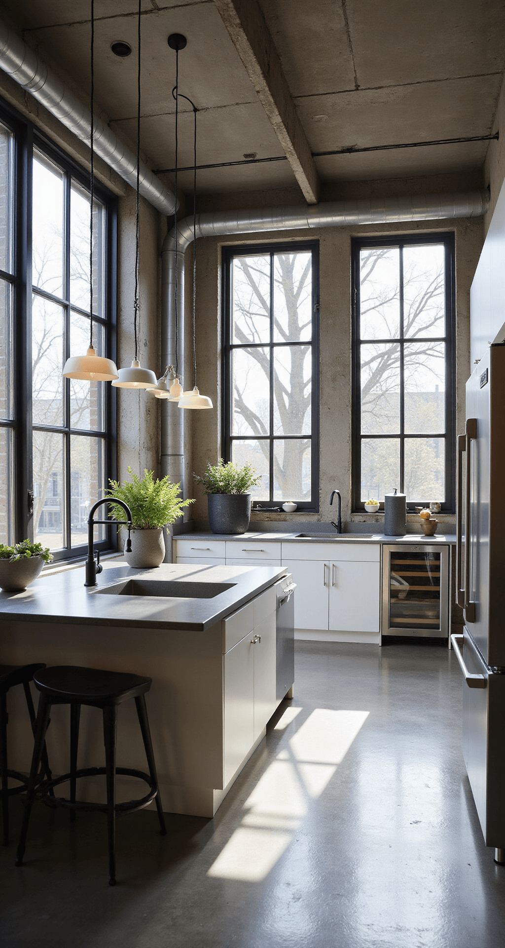 White Kitchen Cabinet Styling: The Ultimate Visual Content Creation Guide A modern industrial loft kitchen featuring sleek white cabinets, matte black hardware, and stainless steel appliances, illuminated by dramatic afternoon light through steel-framed windows, with exposed concrete ceilings, LED strip lighting, and raw material accents.