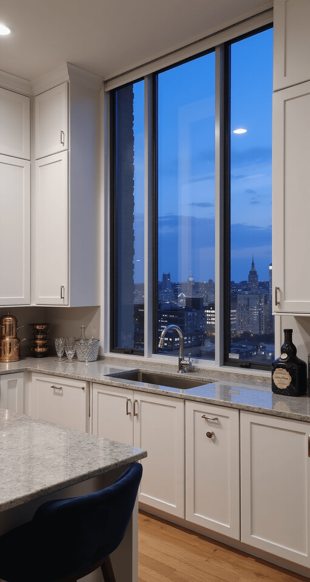 White Kitchen Cabinet Styling: The Ultimate Visual Content Creation Guide A contemporary luxe chef's kitchen featuring floor-to-ceiling windows that illuminate high-gloss white cabinets with channeled faces, quartzite counters displaying copper cookware and black marble accessories, velvet barstools, and polished chrome accents, all under soft indirect lighting.