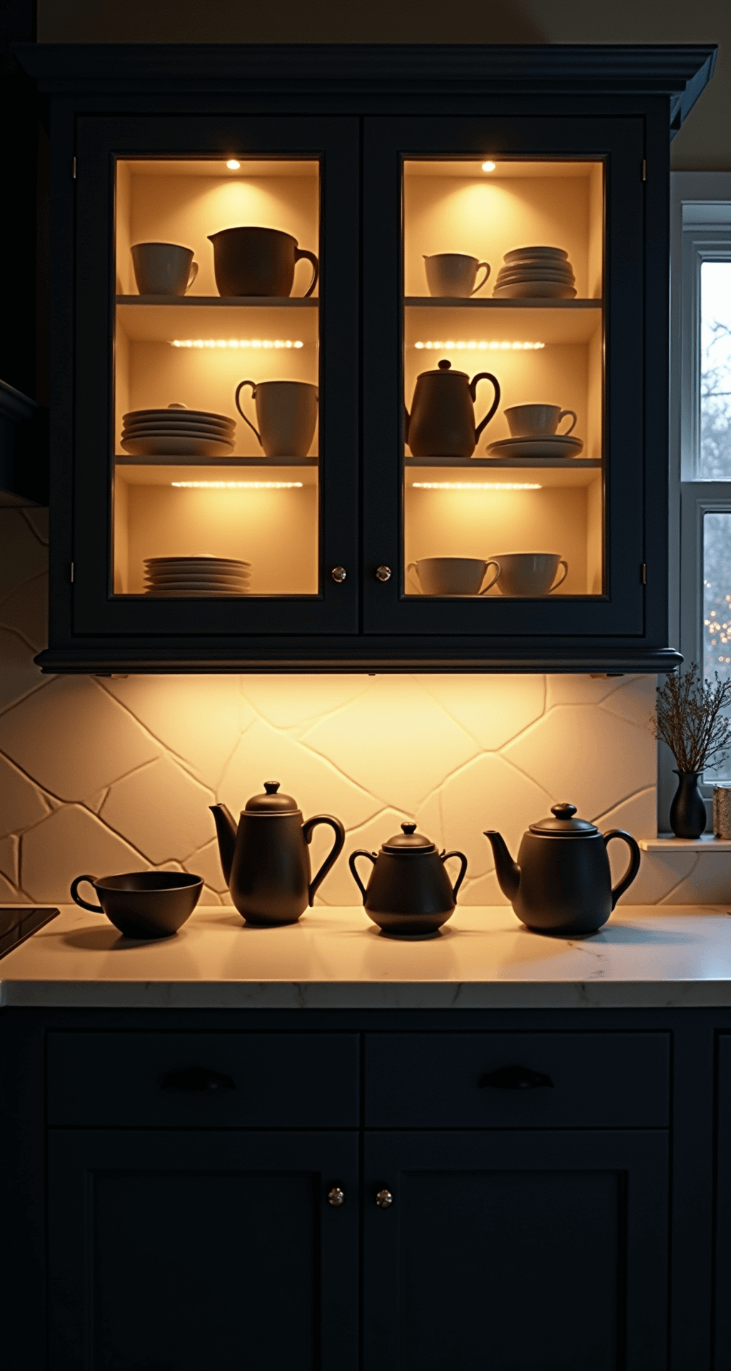 Glass Cabinets in the Kitchen: Transforming Storage into Style An intimate kitchen scene featuring frosted glass upper cabinets illuminated by warm LED strip lighting, highlighting organized matte black and cream pottery. Rich navy cabinet frames contrast with the soft glow, creating a moody atmosphere and dramatic shadows in a 10x12ft space.