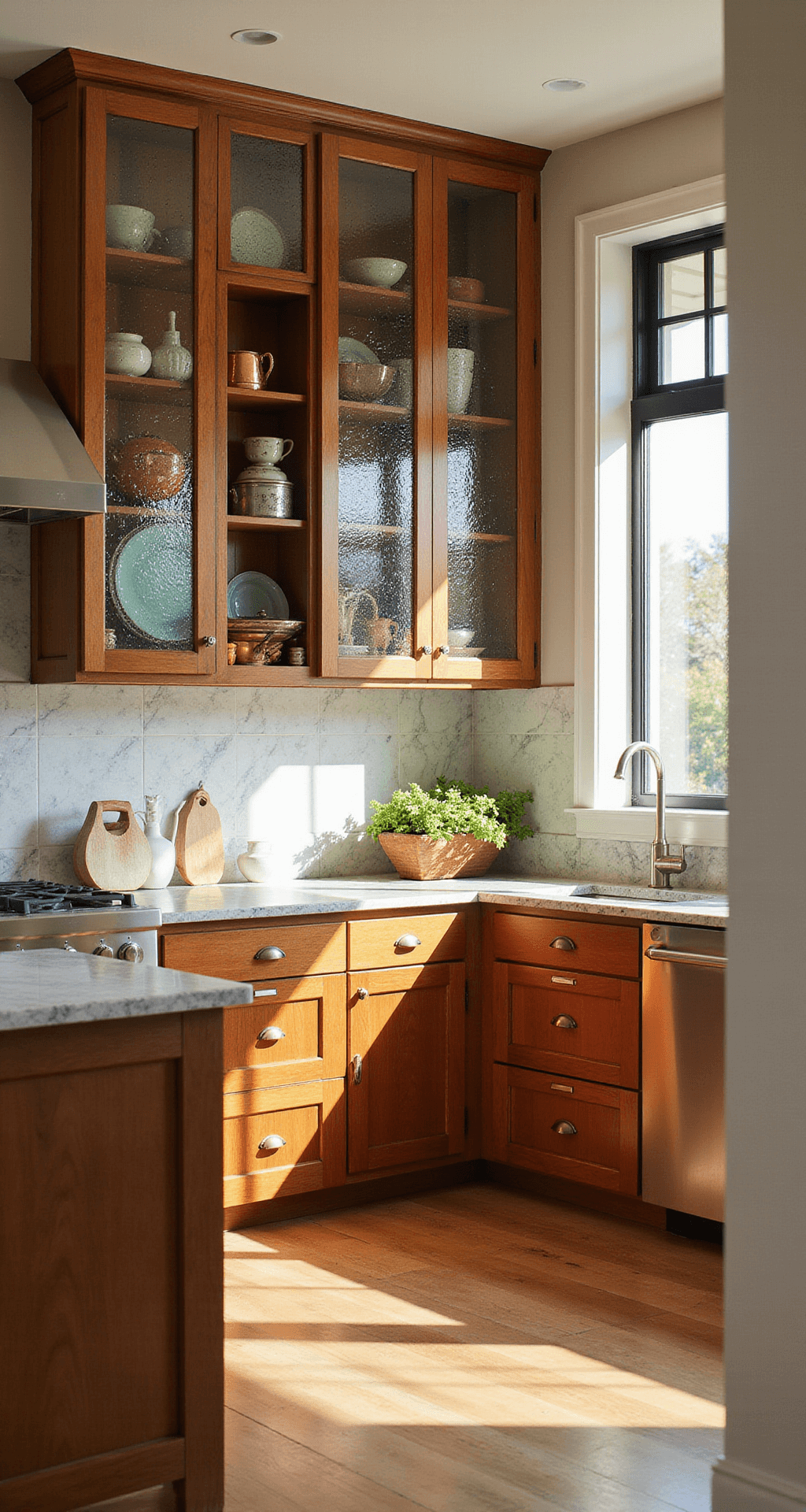 Glass Cabinets in the Kitchen: Transforming Storage into Style A sun-drenched transitional kitchen featuring a mix of textured glass upper cabinets and solid wood lower cabinets, with a peninsula and rippled glass panels casting light patterns on marble countertops. Copper cookware and vintage jadeite are displayed behind the glass, captured in a wide-angle shot that highlights the interplay of materials in natural morning light.
