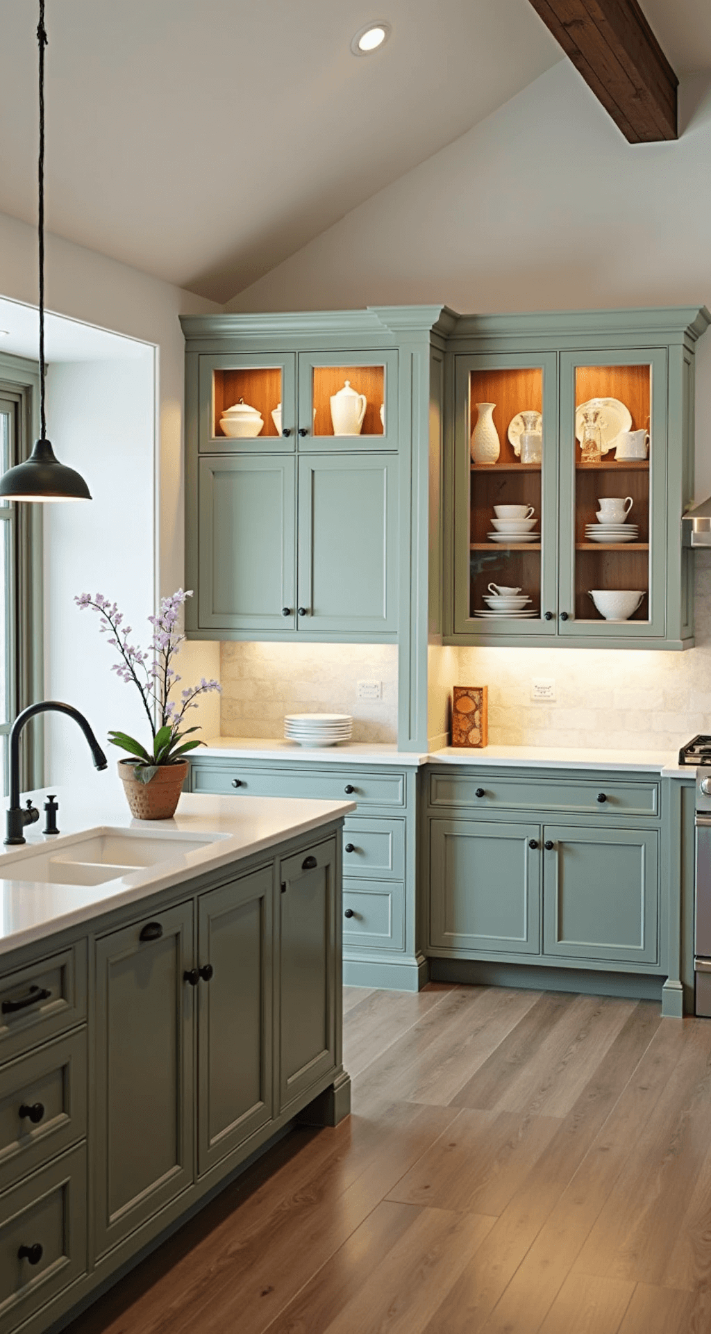 Glass Cabinets in the Kitchen: Transforming Storage into Style A modern farmhouse kitchen measuring 15x18 feet with a vaulted ceiling, featuring mixed media cabinets with clear glass upper and sage green lower cabinets. The scene is viewed from the dining area, showcasing illuminated glass displays of white ironstone and copper accents, under soft overhead lighting.