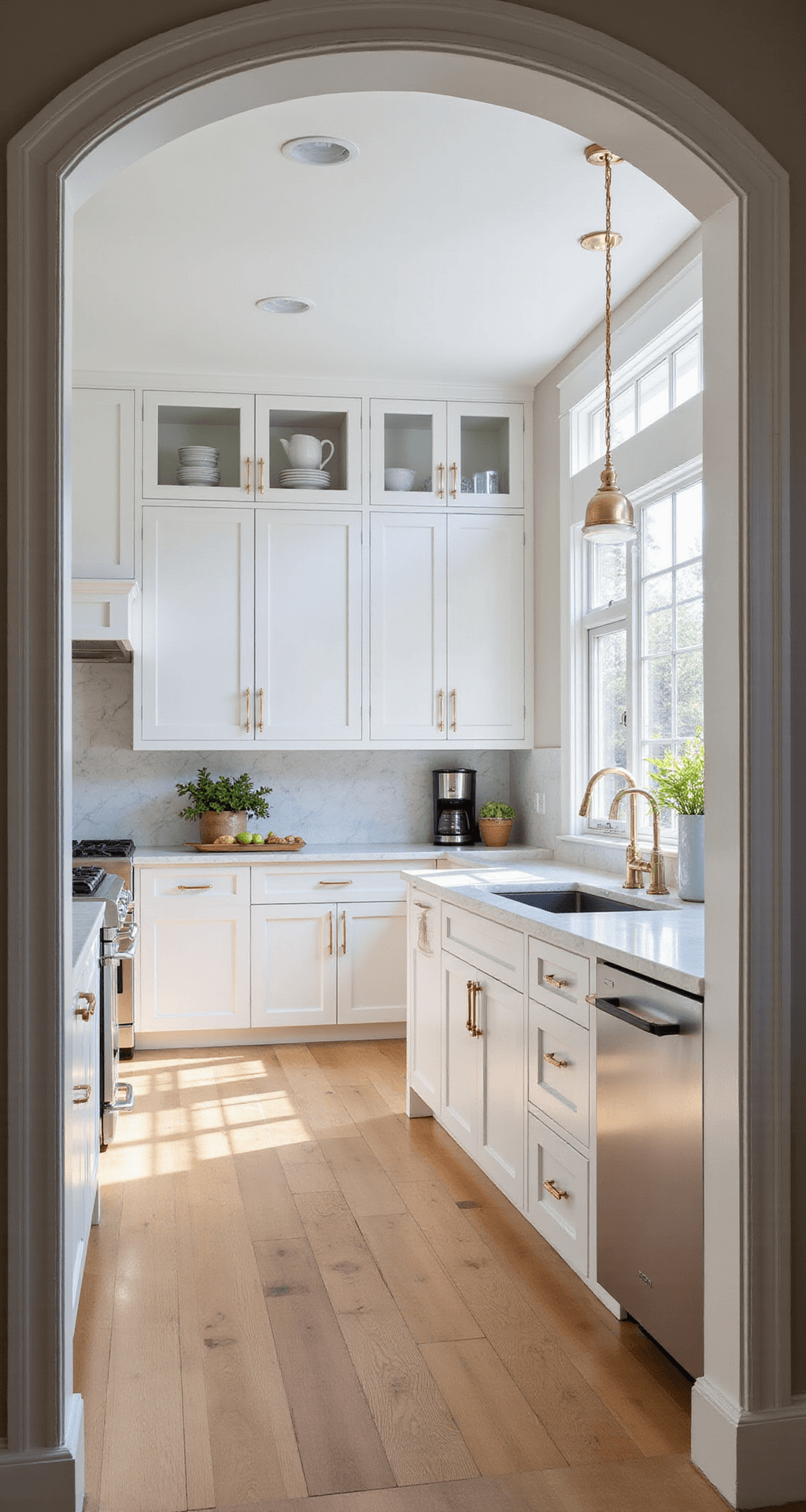 Kitchen Cabinet Colors: Your Ultimate Style Guide for 2025 A contemporary kitchen featuring classic white shaker cabinets and marble-look quartz countertops, illuminated by morning light through large east-facing windows, with a massive center island, brass hardware, and a curated coffee station.