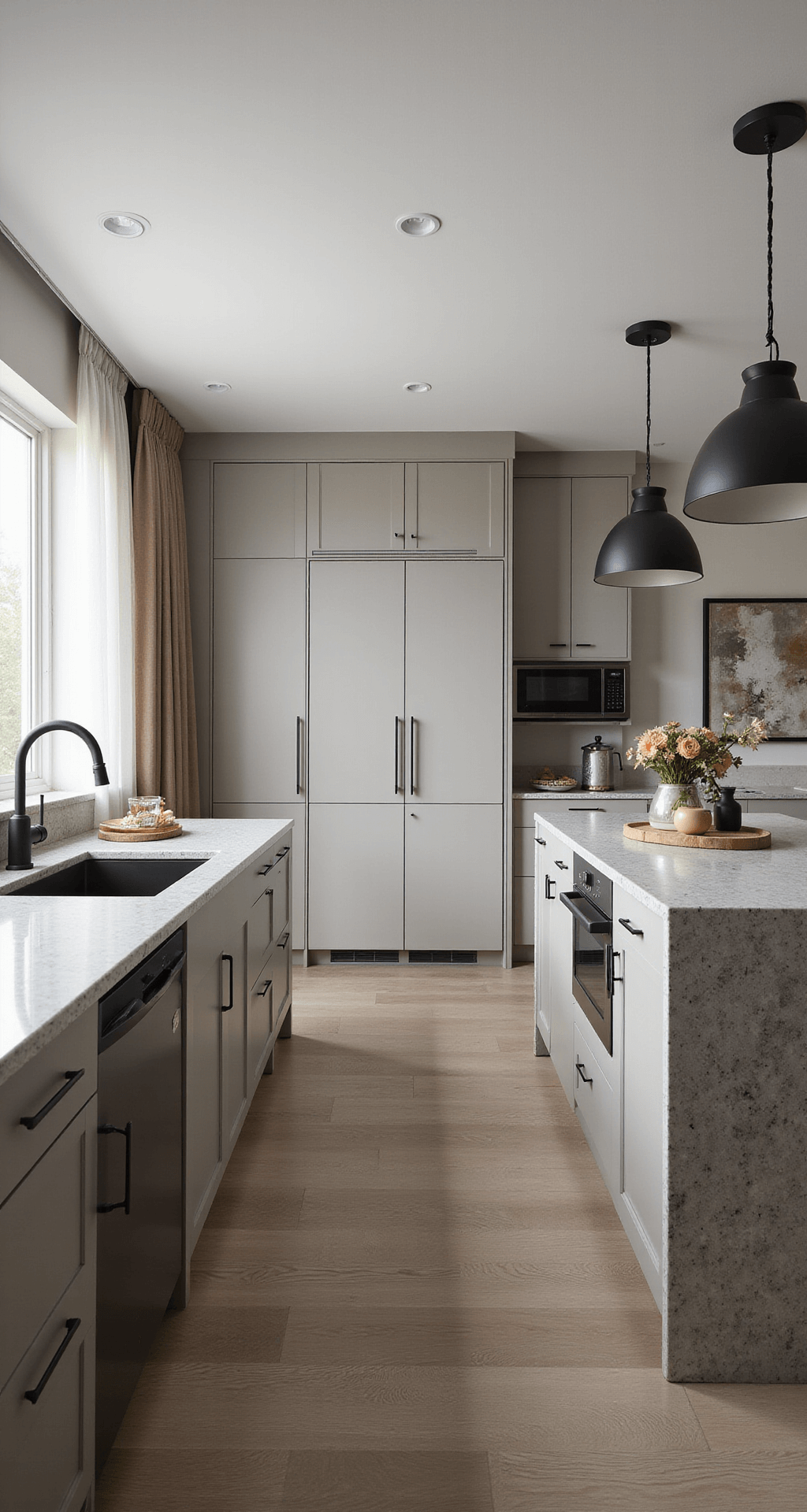 Kitchen Cabinet Colors: Your Ultimate Style Guide for 2025 A sophisticated kitchen featuring greige cabinets and a full-height pantry wall, illuminated by afternoon light through sheer curtains, with a dramatic gray-veined quartz island and matte black hardware, styled with modern art and earth-toned geometric accessories.