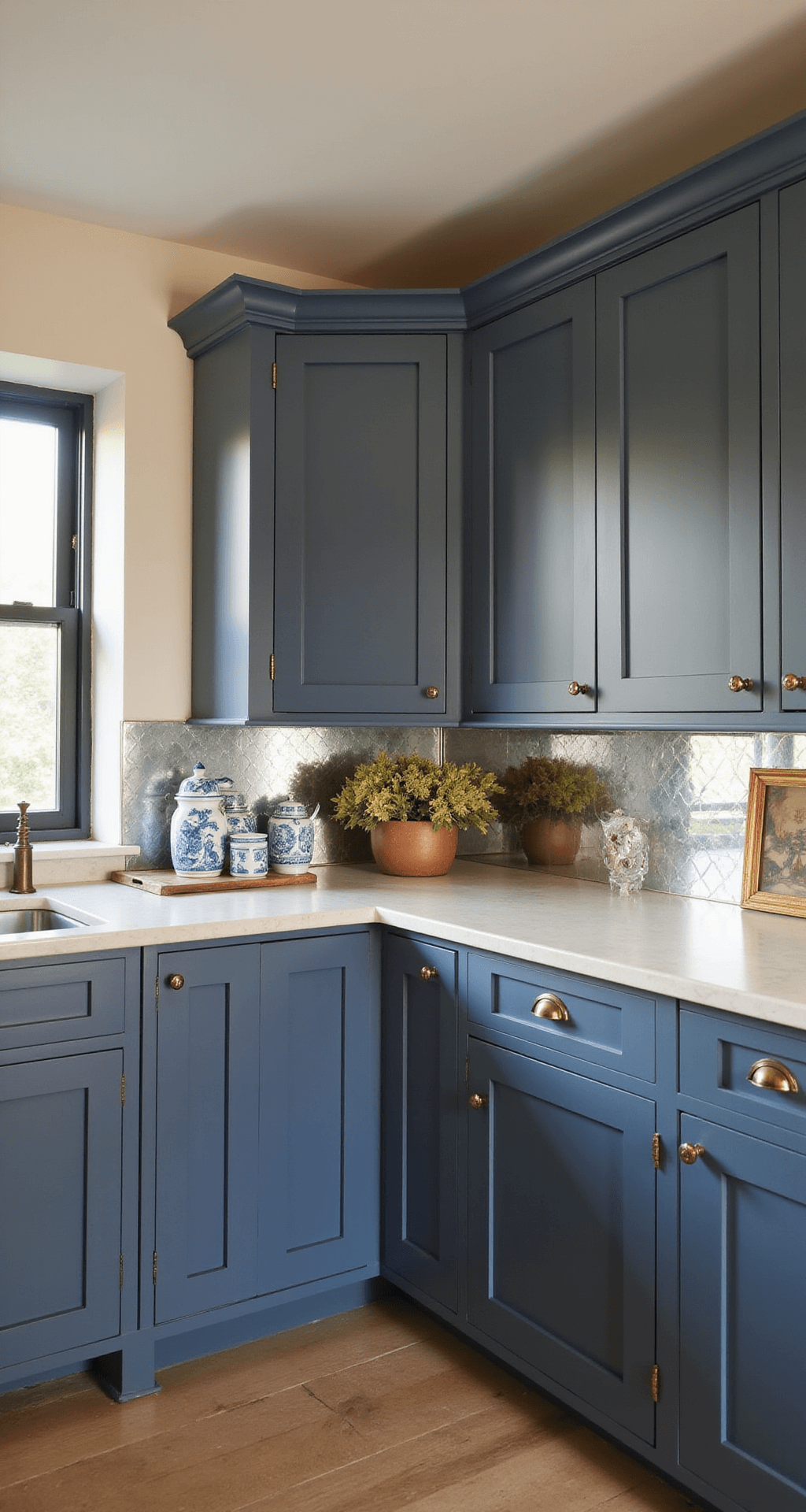 Kitchen Cabinet Colors: Your Ultimate Style Guide for 2025 Warm kitchen featuring rich oxford gray-blue cabinets with traditional raised panel doors and antique brass hardware, cream limestone counters, an antique mirror backsplash, and styled with vintage copper, traditional artwork, and classic blue-and-white ceramics, all illuminated by afternoon sunlight.