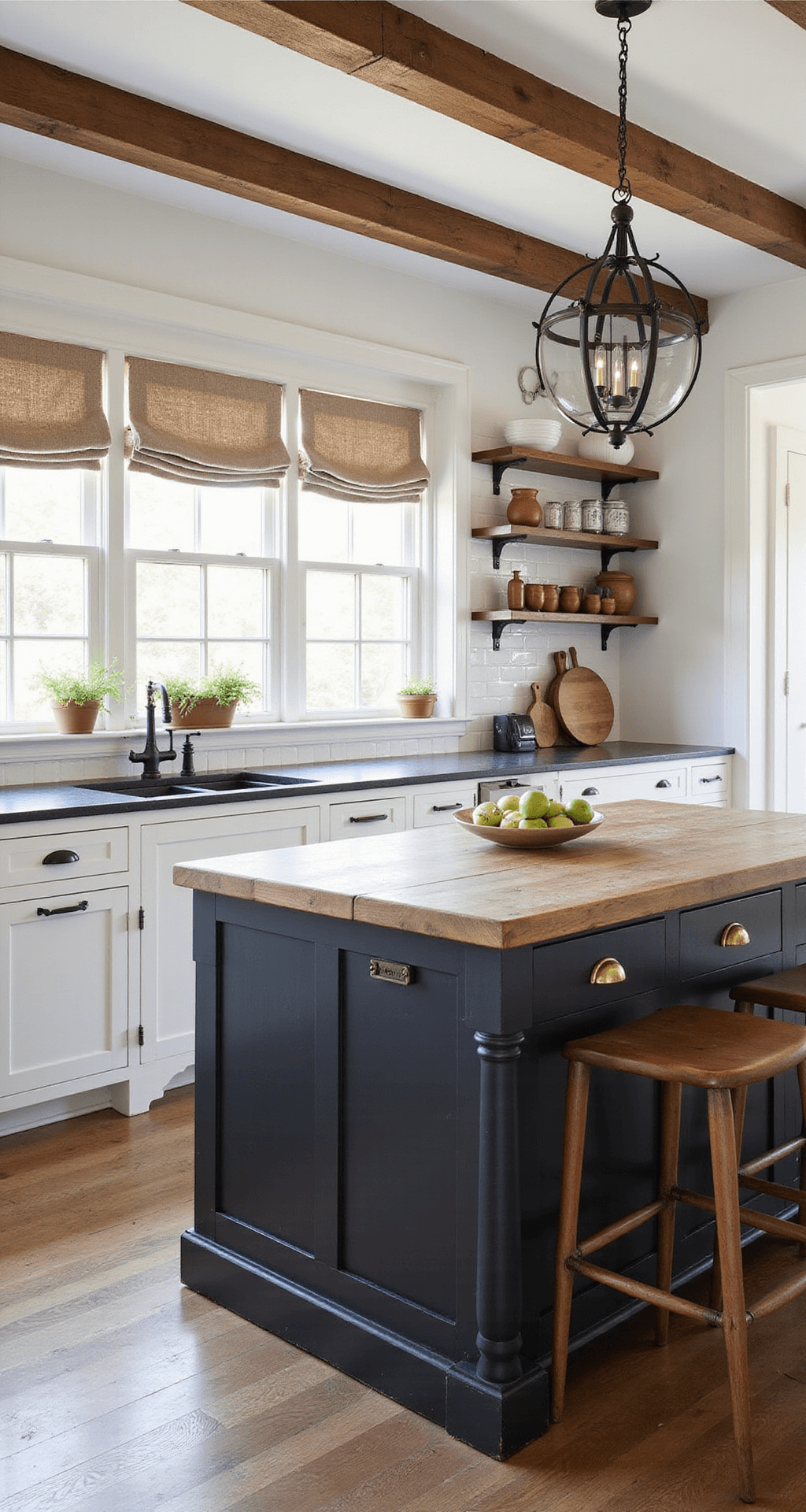 Black and White Kitchen Cabinets: A Timeless Design Statement A farmhouse-style kitchen with exposed wooden beams, bright white shaker cabinets, and a black-painted island featuring a reclaimed oak top, styled with vintage brass hardware and artisanal pottery on open shelves, bathed in natural light from cafe curtains.