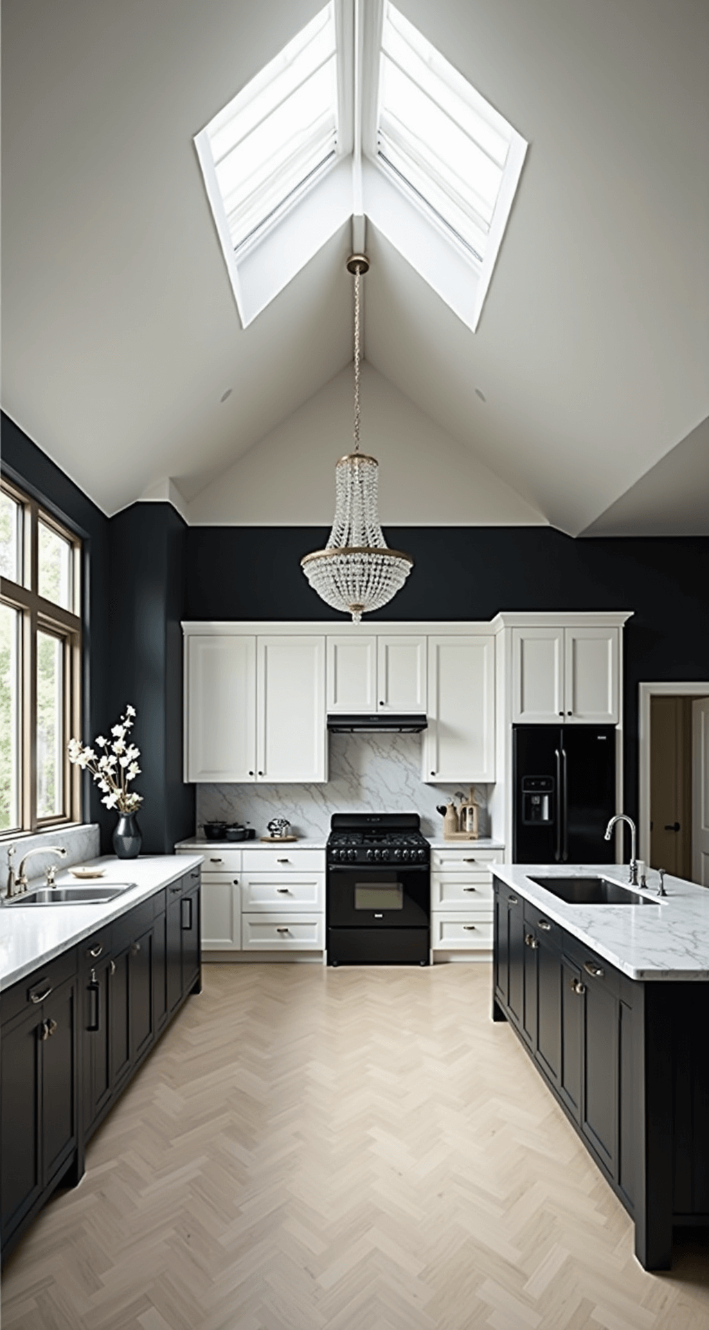Black and White Kitchen Cabinets: A Timeless Design Statement Contemporary black and white kitchen with vaulted ceiling and skylight, featuring white upper cabinets, black accent wall, integrated black appliances, and a large marble island, shot through a doorway with soft natural light casting gentle shadows and a crystal chandelier adding elegance, styled minimally with white flowers and black ceramics.