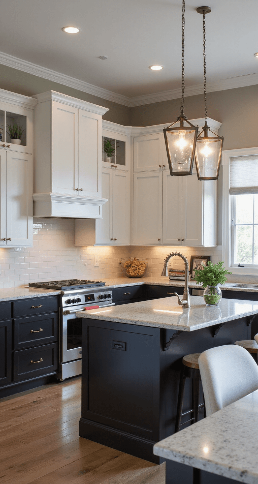 Black and White Kitchen Cabinets: A Timeless Design Statement Transitional kitchen with a twilight ambiance featuring 9' ceilings, crown molding, two-tone white and black cabinets, brass faucet, nickel pulls, and quartz countertops. The image captures depth from a corner view, highlighting warm undercabinet lighting, pendant lights, and styled decor with cookbooks and potted herbs.