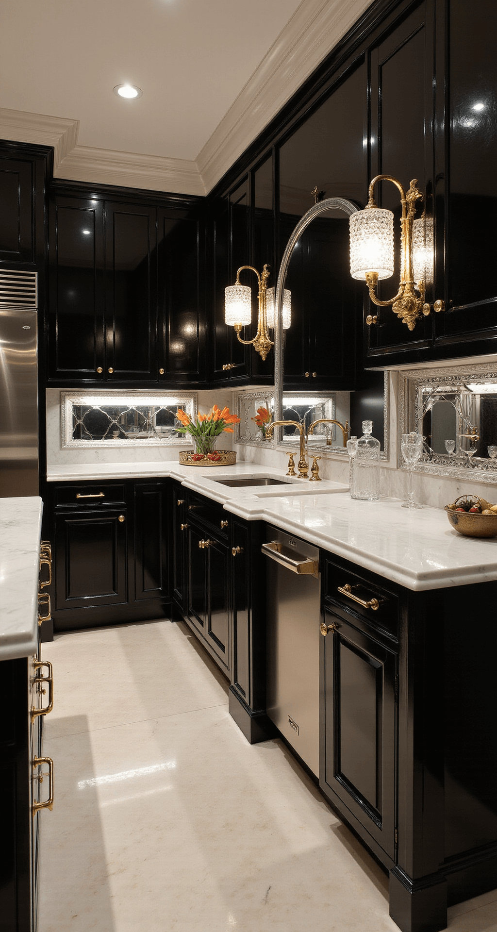 Black and White Kitchen Cabinets: A Timeless Design Statement Art Deco kitchen featuring high-gloss black cabinets, white marble countertops, and gold hardware, illuminated by dramatic uplighting and crystal sconces, with vintage barware and geometric decor, shot from a low angle.