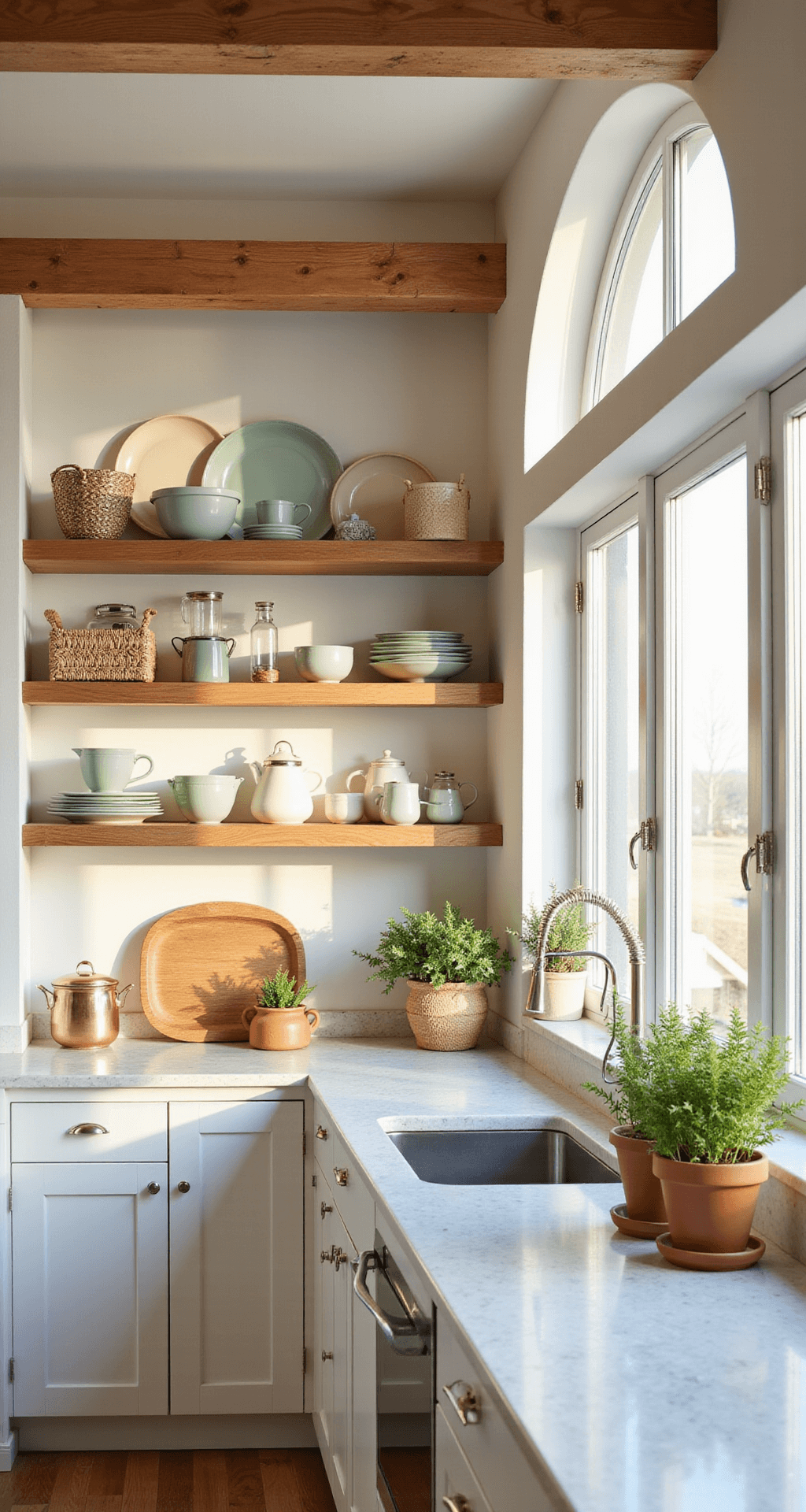 Open Kitchen Cabinets: A Stylish Design Revolution for Modern Homes A modern kitchen with open shelving, featuring three floating white oak shelves styled with matte ceramic dinnerware, under 12-foot ceilings with exposed wooden beams. Afternoon sunlight streams through large windows, illuminating marble countertops and a collection of copper cookware. The scene includes natural materials like woven baskets, linen textiles, and terracotta pots with fresh herbs, captured in shallow depth of field.