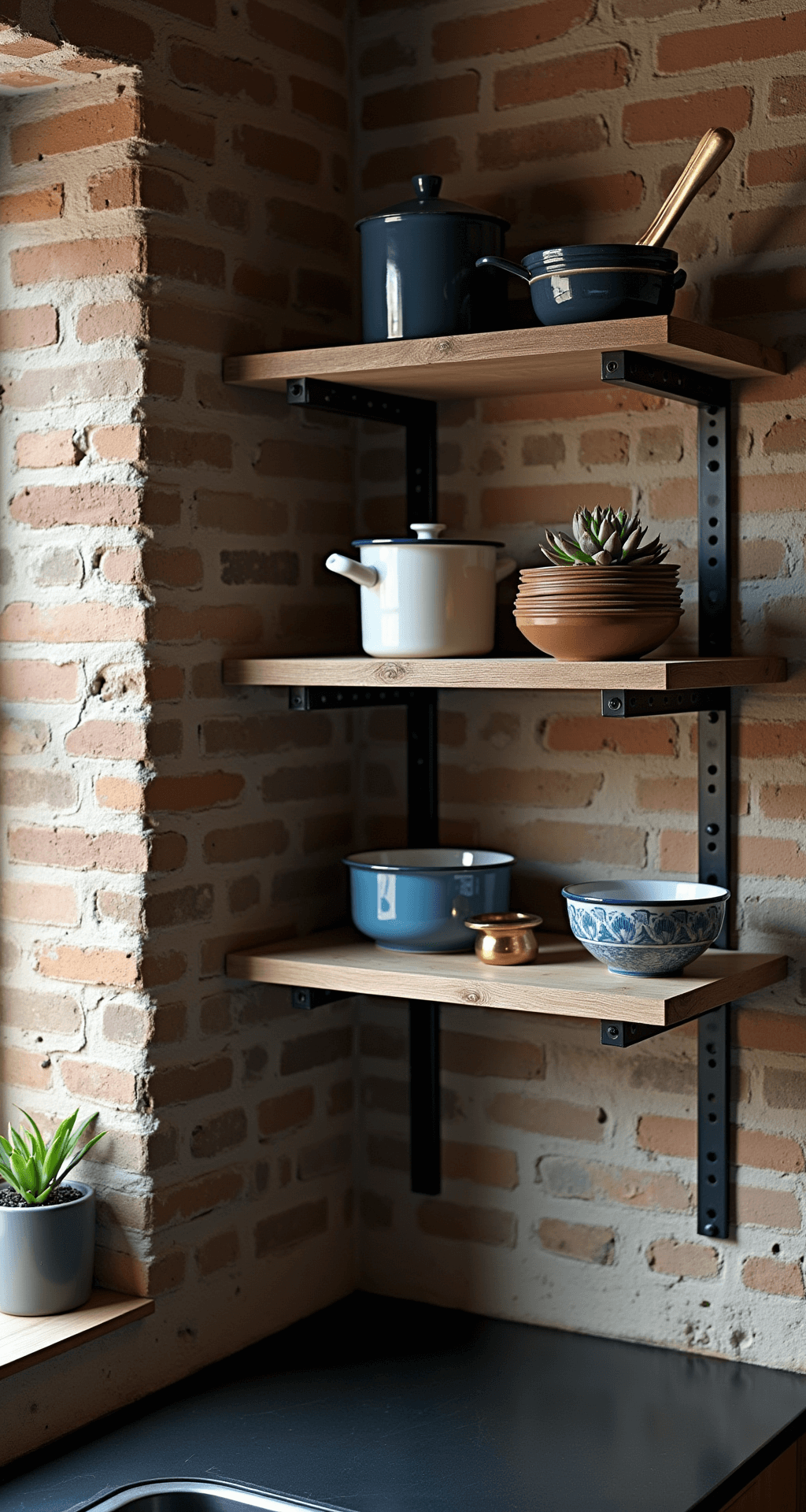 Open Kitchen Cabinets: A Stylish Design Revolution for Modern Homes Corner kitchen vignette featuring reclaimed wood shelves with black metal brackets against exposed brick walls, accented by vintage navy and white enamelware, earthy-toned ceramic bowls, brass utensils, and small potted succulents, all bathed in soft, diffused mid-morning light.