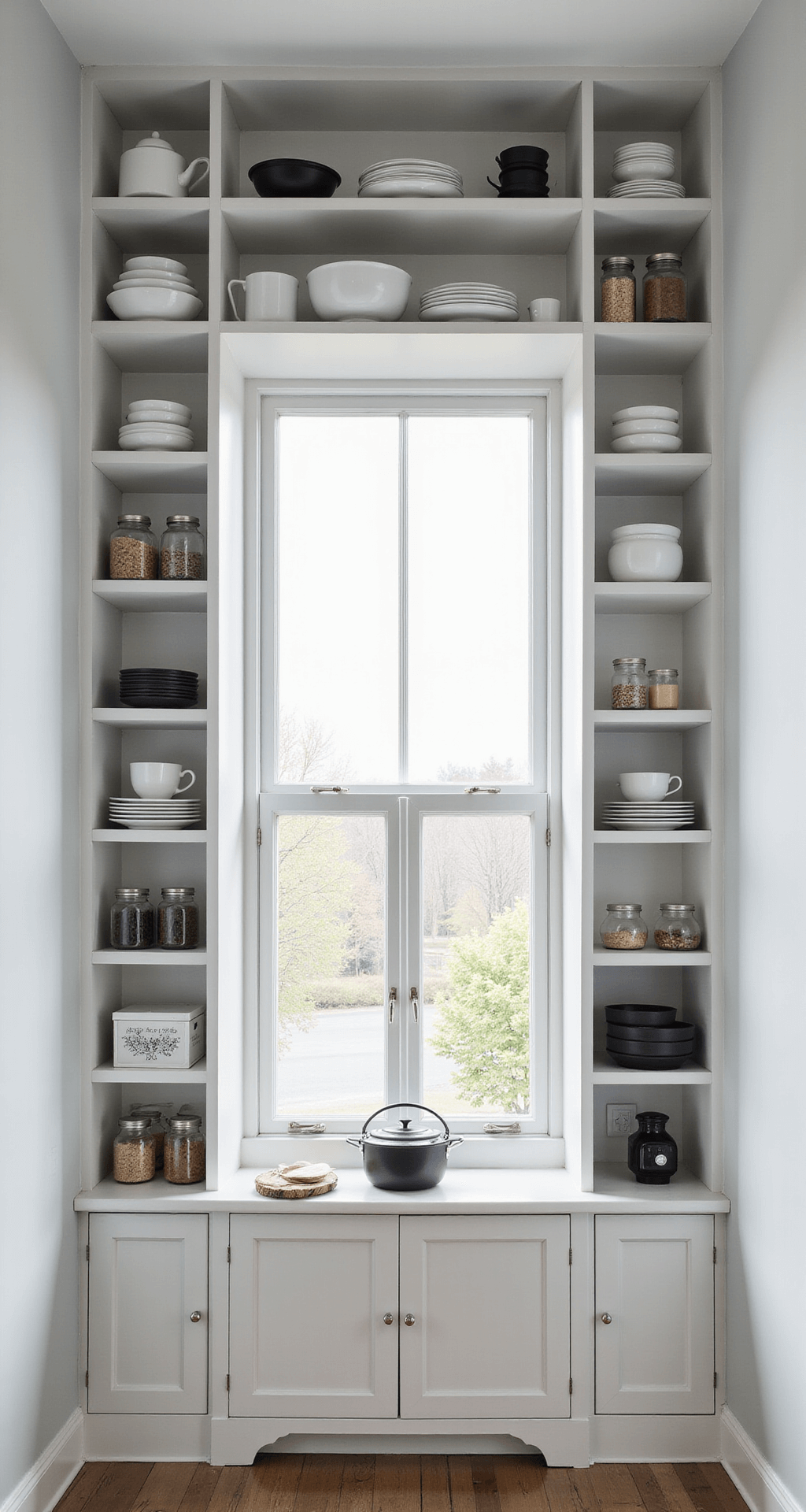 Open Kitchen Cabinets: A Stylish Design Revolution for Modern Homes Minimalist Scandinavian-inspired open shelving with white porcelain dishes and pantry staples in clear glass containers, framed by floor-to-ceiling white shelves and a large window, illuminated by soft dawn light with matte black accents.