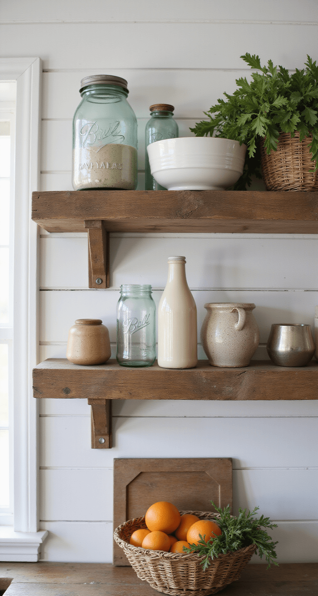 Open Kitchen Cabinets: A Stylish Design Revolution for Modern Homes Overhead view of a rustic farmhouse kitchen showcasing a weathered wooden floating shelf against shiplap walls, adorned with vintage mason jars, antique milk bottles, and cream-colored stoneware, complemented by natural woven baskets of fresh produce, all bathed in soft midday light that highlights the textures and warm color palette.