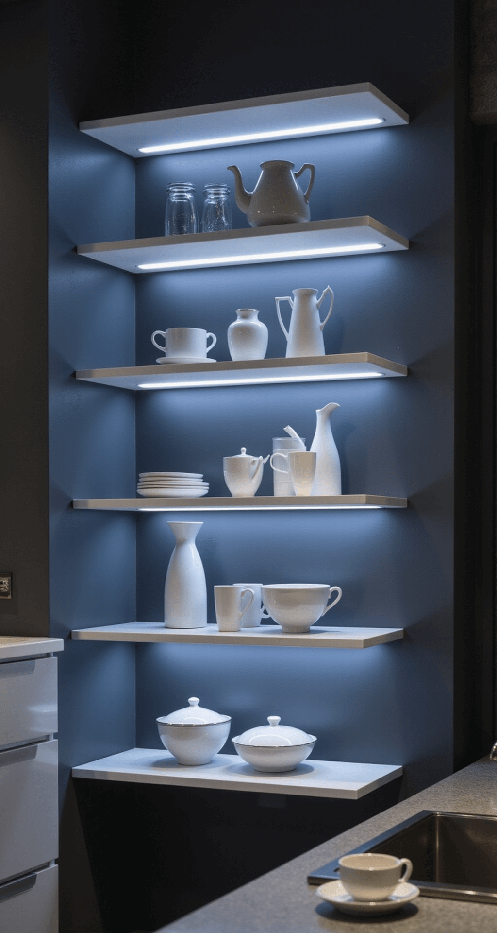Open Kitchen Cabinets: A Stylish Design Revolution for Modern Homes Contemporary kitchen corner with sleek white floating shelves illuminated by hidden LED strips, featuring a monochromatic arrangement of modern white ceramics against dark charcoal walls, reflecting polished chrome and glass accents, captured from a low angle to emphasize geometric architectural elements.