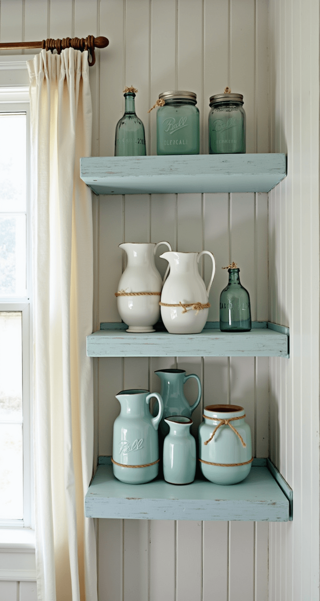 Open Kitchen Cabinets: A Stylish Design Revolution for Modern Homes A coastal-inspired open shelving unit featuring pale blue-painted wooden shelves against white beadboard walls, adorned with sea glass-colored mason jars, white ironstone pitchers, and rope-wrapped vessels, illuminated by afternoon light filtering through sheer linen curtains.