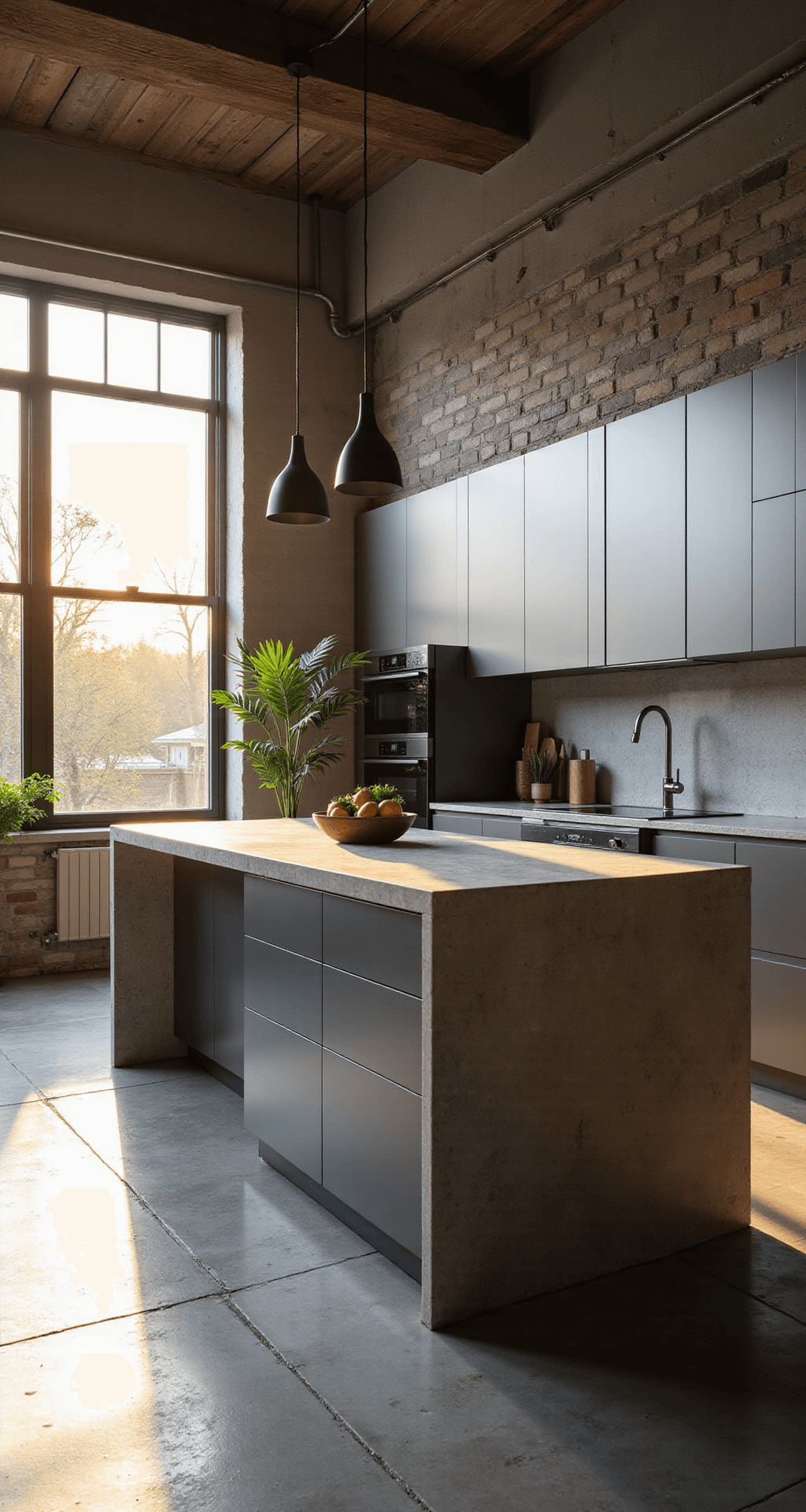 Aluminum Kitchen Cabinets: The Ultimate Modern Solution for Stylish, Durable Spaces Sun-drenched modern urban loft kitchen with brushed aluminum cabinets, a waterfall quartz island, matte black appliances, and minimalist pendant lights, captured from a 45-degree angle to showcase depth and natural light interactions.