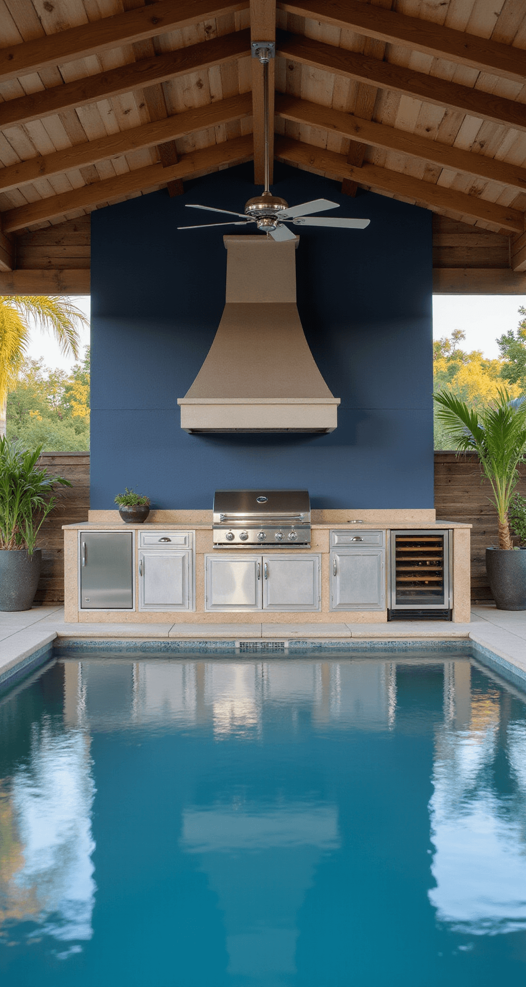 Aluminum Kitchen Cabinets: The Ultimate Modern Solution for Stylish, Durable Spaces Expansive covered outdoor kitchen by the pool, featuring weathered silver aluminum cabinets with a navy blue accent wall, sandy beige stone countertops, stainless steel appliances, and chrome fixtures, all framed by tropical plants, capturing reflections in the pool surface in warm afternoon light.