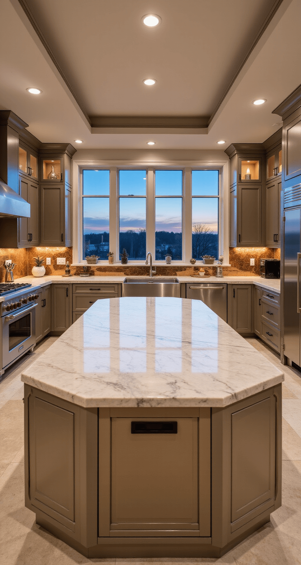 Aluminum Kitchen Cabinets: The Ultimate Modern Solution for Stylish, Durable Spaces Aerial view of a spacious contemporary kitchen featuring champagne-colored aluminum cabinets, backlit white onyx countertops, and a bronze mirror backsplash, all illuminated by warm LED lighting in a sophisticated evening ambiance.