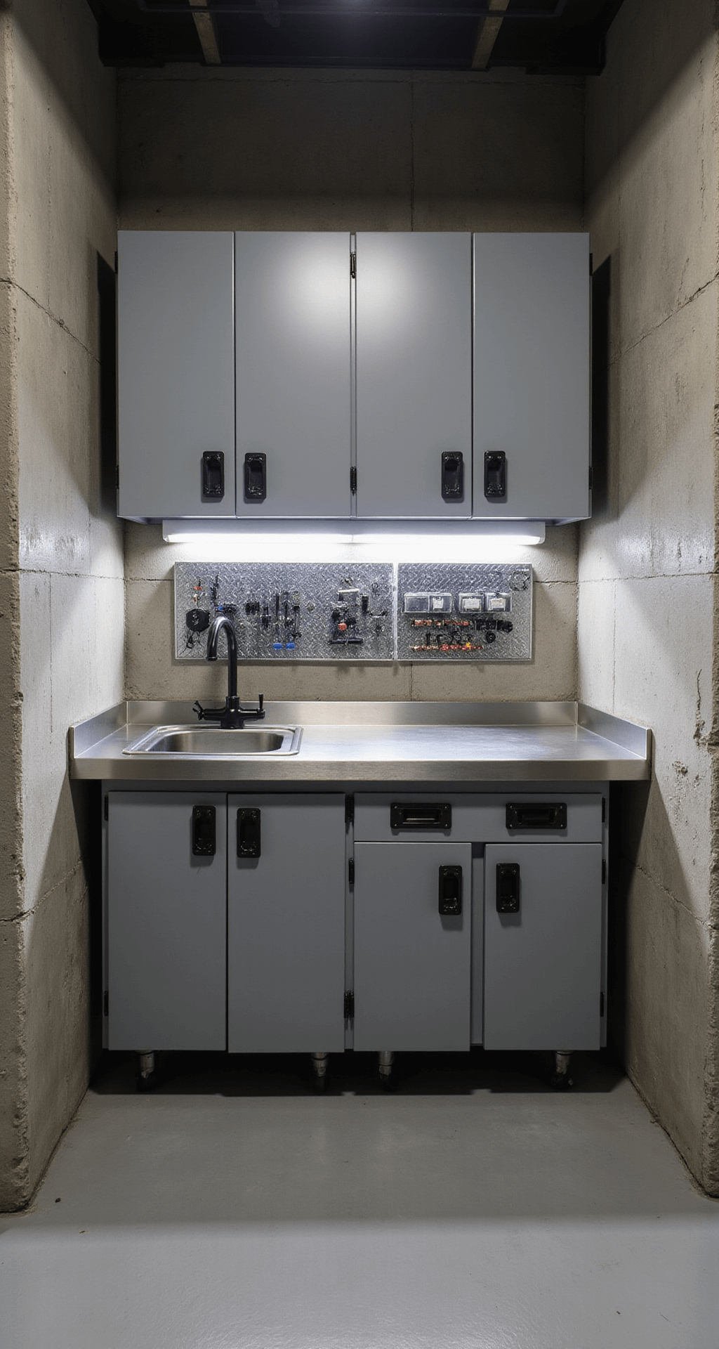 Aluminum Kitchen Cabinets: The Ultimate Modern Solution for Stylish, Durable Spaces Compact industrial utility room featuring exposed concrete walls, tactical gray aluminum cabinets, a stainless steel countertop with an integrated sink, and wall-mounted organization systems, all illuminated by dramatic LED strip lighting that highlights the durable, professional atmosphere.