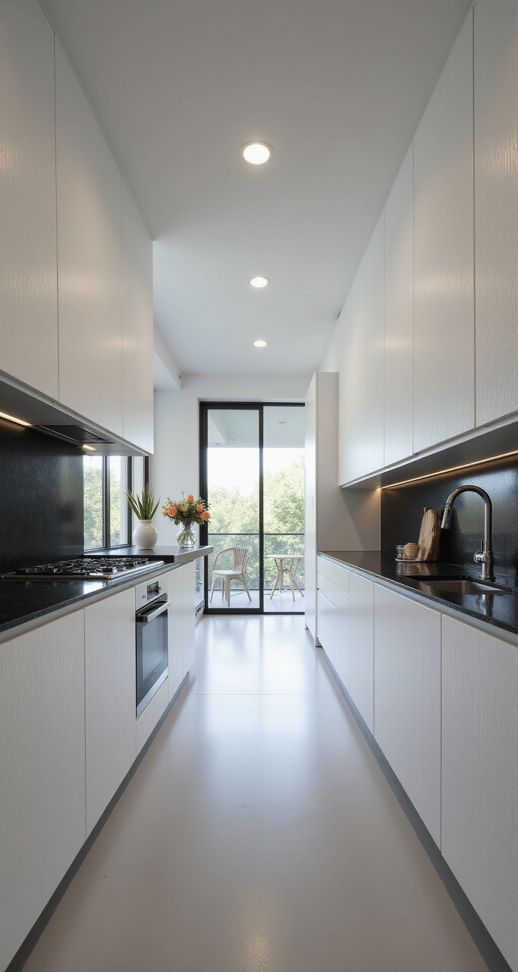 Aluminum Kitchen Cabinets: The Ultimate Modern Solution for Stylish, Durable Spaces A modern minimalist galley kitchen featuring white aluminum cabinets with vertical grain, black granite countertops, and hidden LED lighting, captured in a linear perspective with diffused daylight accentuating the clean lines and high-tech elements.