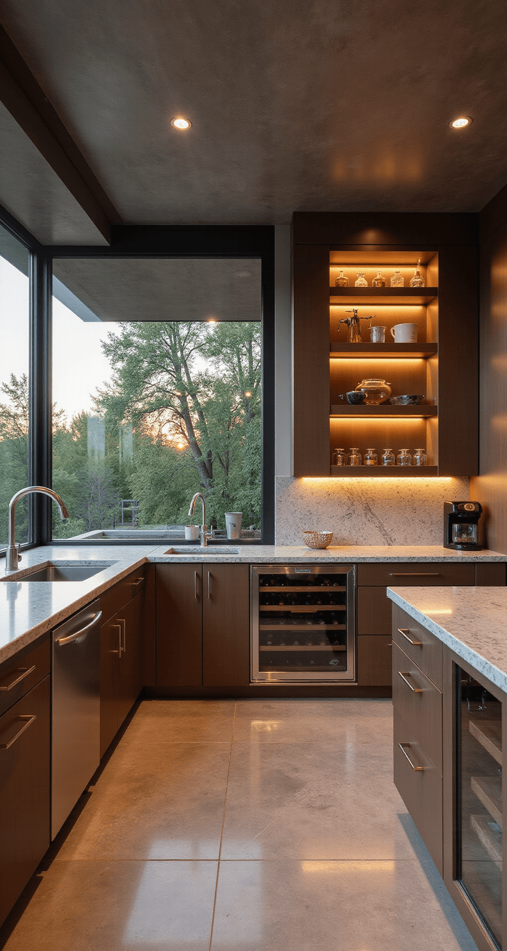 Aluminum Kitchen Cabinets: The Ultimate Modern Solution for Stylish, Durable Spaces Luxury indoor-outdoor kitchen featuring an L-shaped layout with retractable glass walls, brushed bronze aluminum cabinets, warm gray honed marble countertops, integrated wine storage with amber lighting, and floating shelves, all illuminated by golden hour light and ambient LEDs.