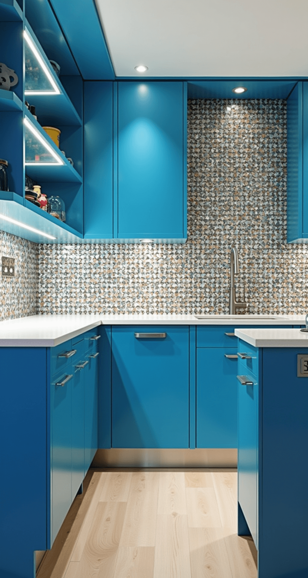 Aluminum Kitchen Cabinets: The Ultimate Modern Solution for Stylish, Durable Spaces Contemporary kitchen featuring electric blue aluminum cabinets, chrome accents, white quartz countertops, and a metallic mosaic backsplash; enhanced by dramatic soffit lighting and suspended glass shelving in a bold, artistic atmosphere.